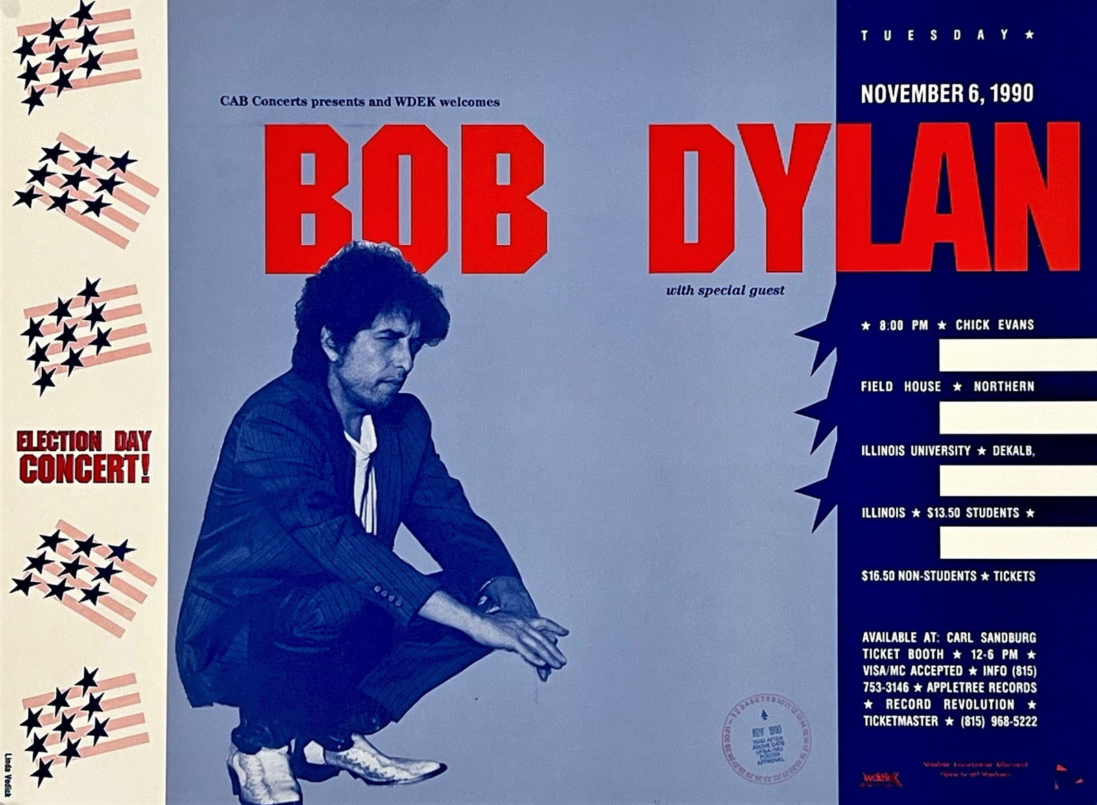 Bob Dylan Election Day: Vintage Bob Dylan poster advertising his 1990 Election Day concert, printed on light cardstock. Striking graphic design featuring the musician's iconic portrait. Evocative of the artist's 1960s