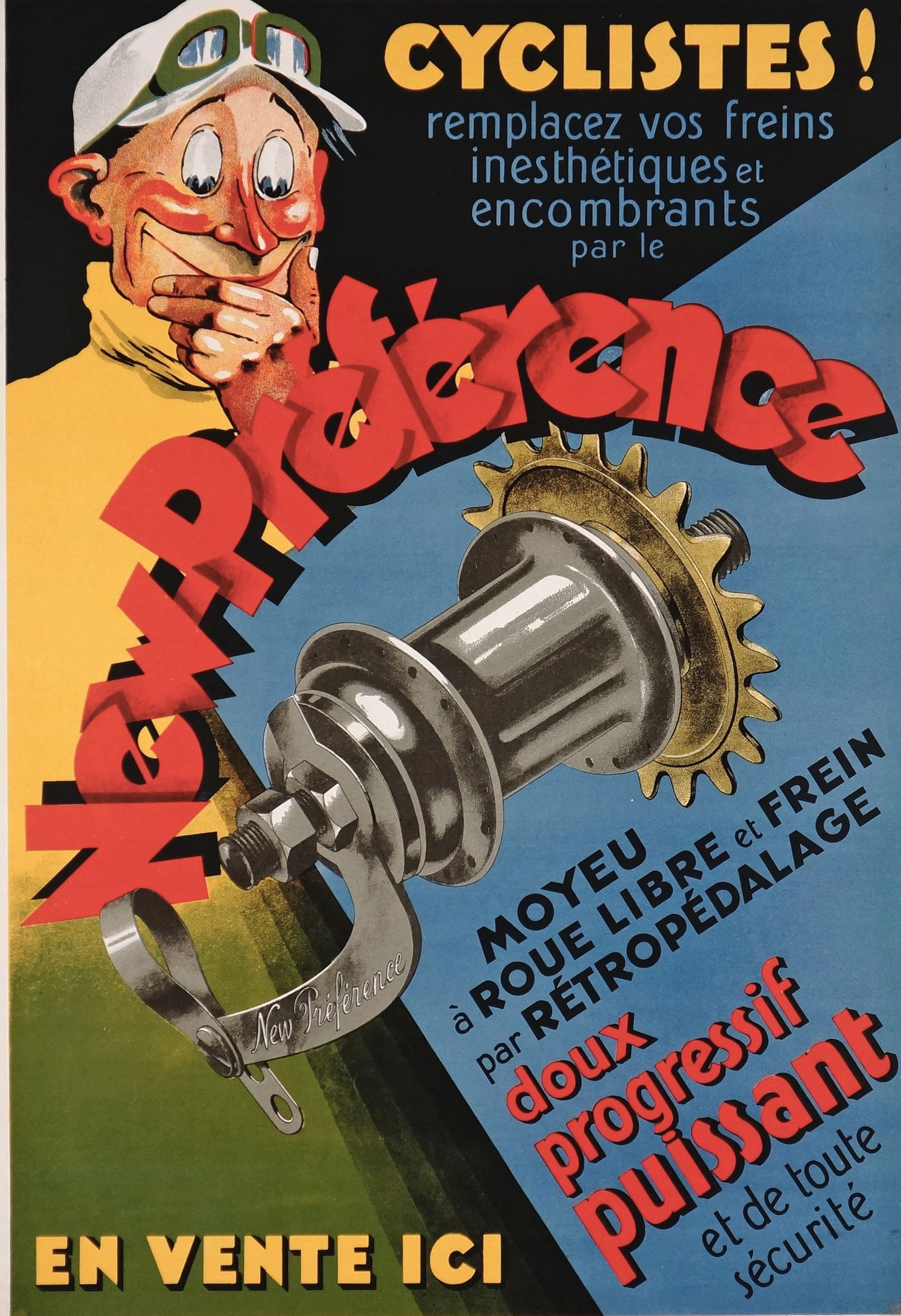 New Preference Cycling Hub: Striking vintage cycling poster, produced in France circa the 1920s. Features the New Preference freewheel and braking hub, presented in a bold, graphic style. Conservation mounted on linen, this