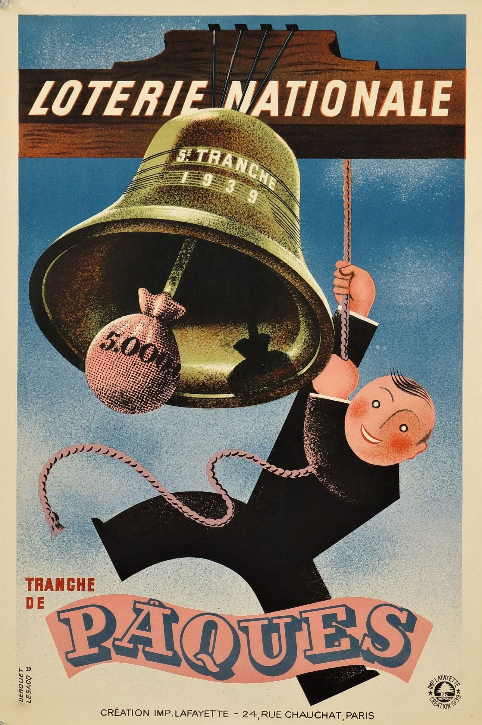 Loterie Nationale- Paques: This classic French lottery poster was designed in the late 1930s by prolific artist Edgar Derouet, in collaboration with renowned graphic artist Charles Lesacq. Depicting a joyful winner ringing a