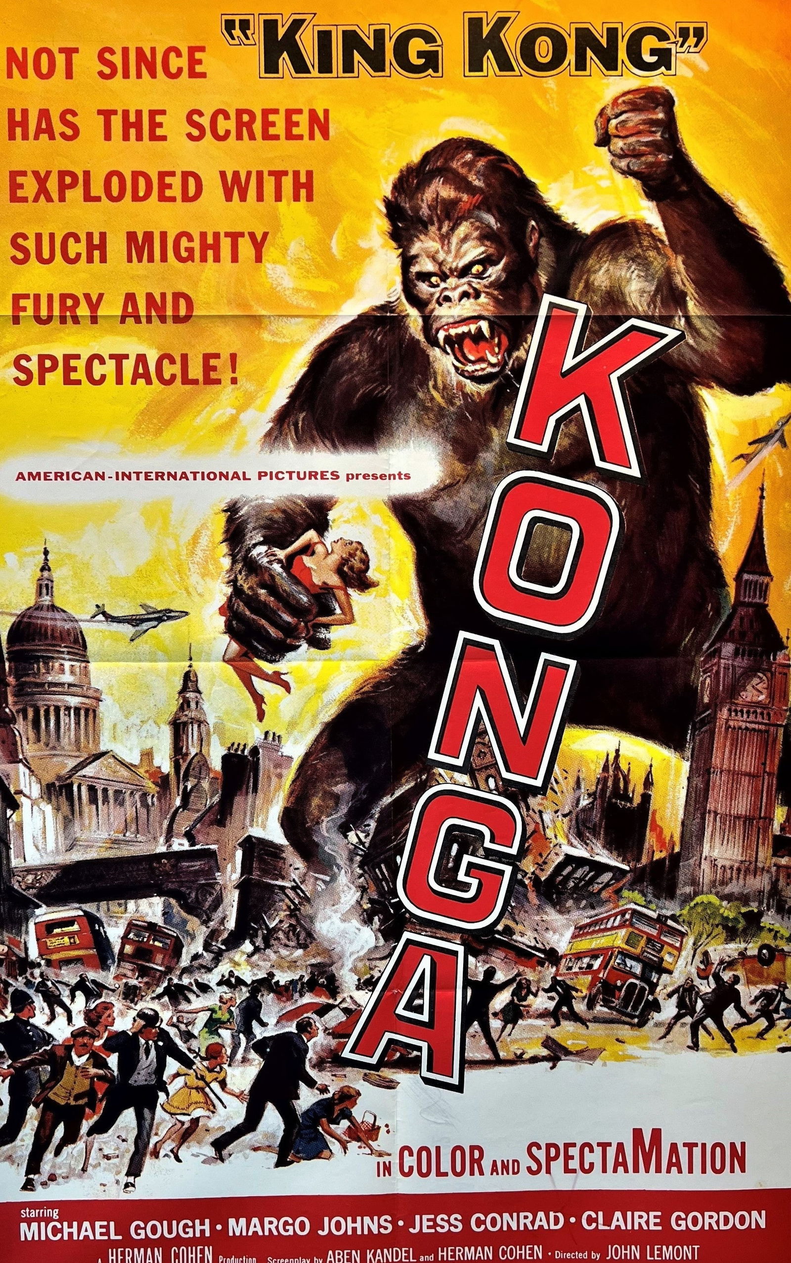 Konga: This vintage poster features the British-American King Kong thriller "Konga" from the early 1960s. The striking illustration showcases the titular chimpanzee in a dramatic, larger-than-life pose,