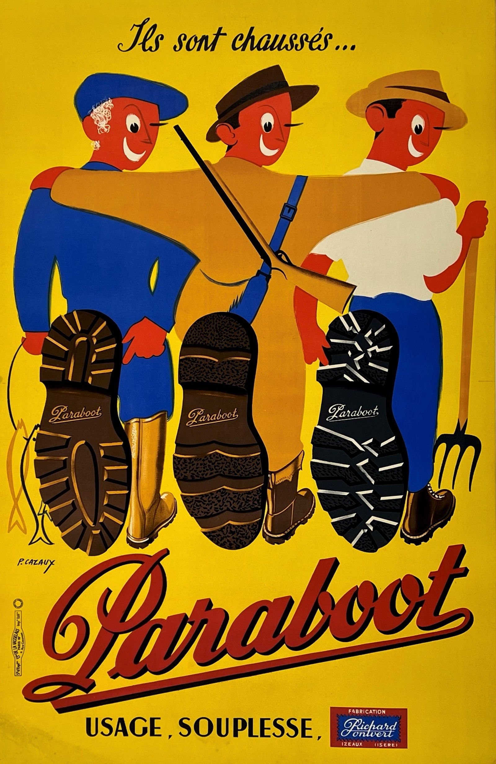 Paraboot Shoes: Vintage 1950s French poster advertising Paraboot's new line of men's footwear, designed by artist P. Cazaux. This whimsical print features three workers gleefully displaying their durable Paraboot sho