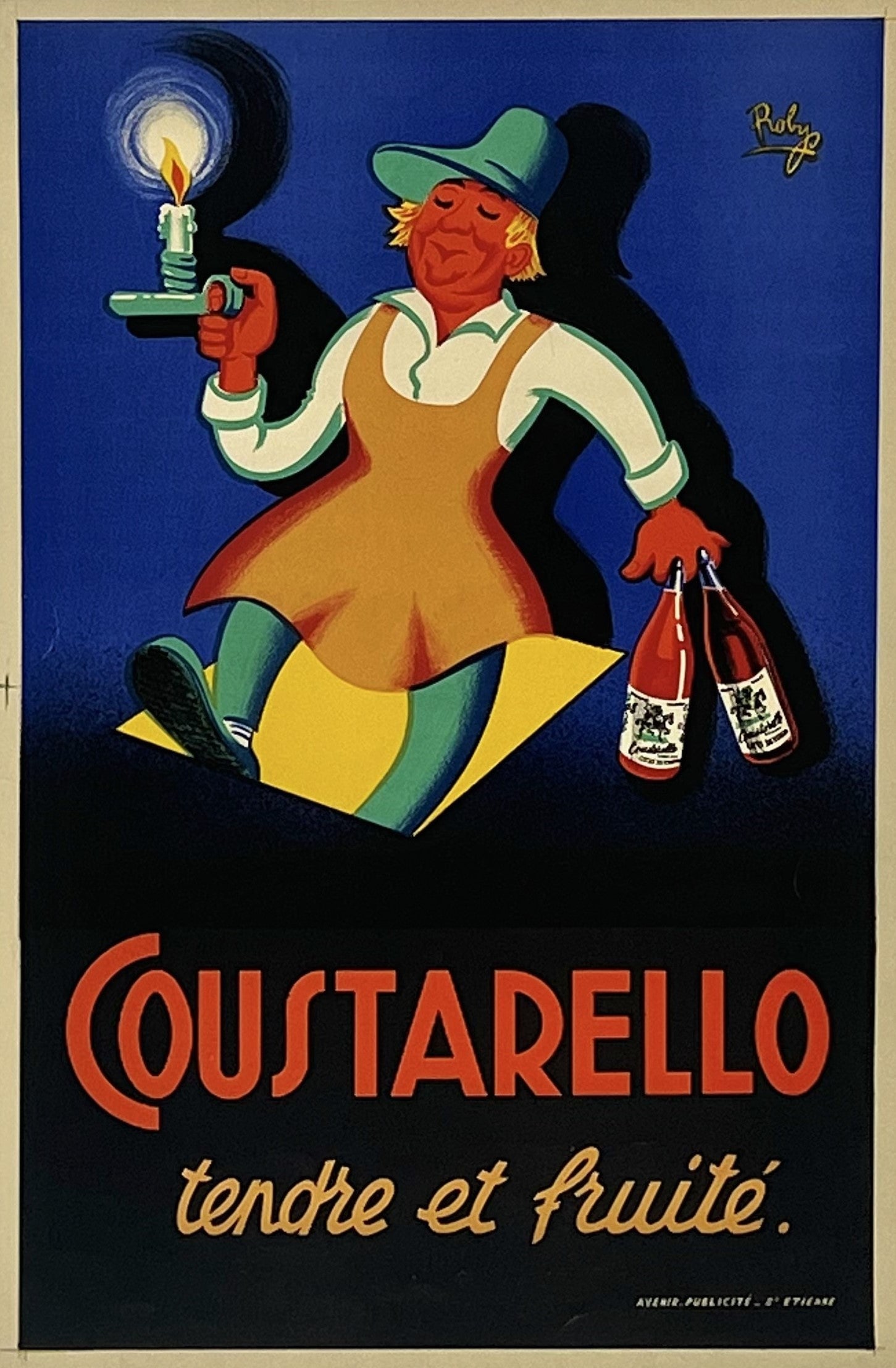 Coustarello: Fantastic 1950s French liquor poster designed by renowned artist Robys, also known as Robert Wolff, renowned for vibrant colors and bold shapes. Expertly crafted with excellent visual appeal, this