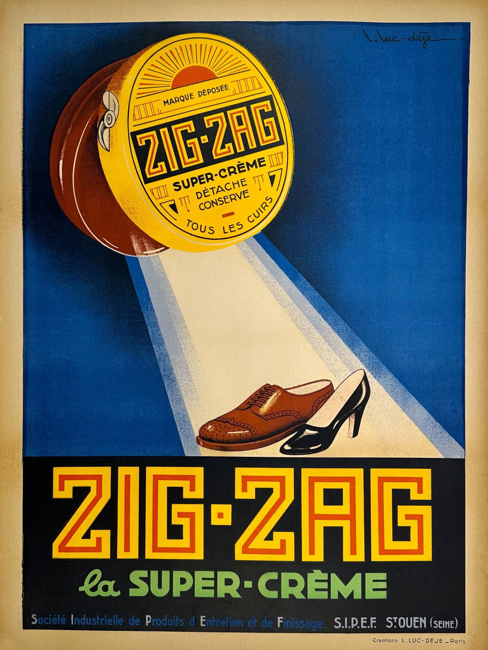 Zig-Zag, Super Creme: Striking 1930s French art deco poster for Zig-Zag shoe polish, designed by artist L. Luc-Deje. Vibrant colors and stylized imagery showcase the product's sophisticated elegance. Conservation-mounted o
