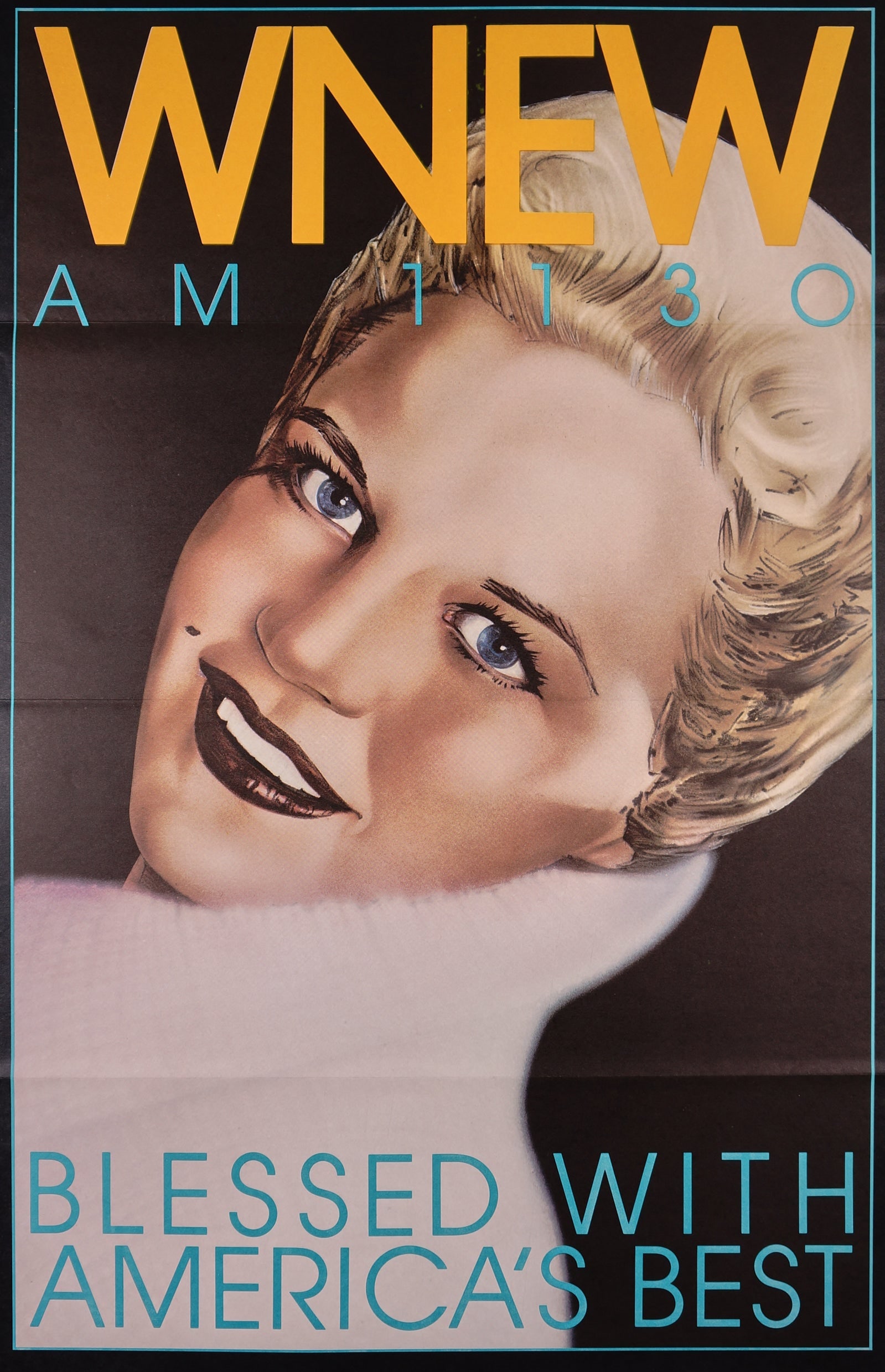 WNEW- Peggy Lee: Vintage WNEW radio station poster featuring singer Peggy Lee, created as part of an advertising campaign in the mid-1980s; the vibrant poster was designed by the Holland & Callaway agency with