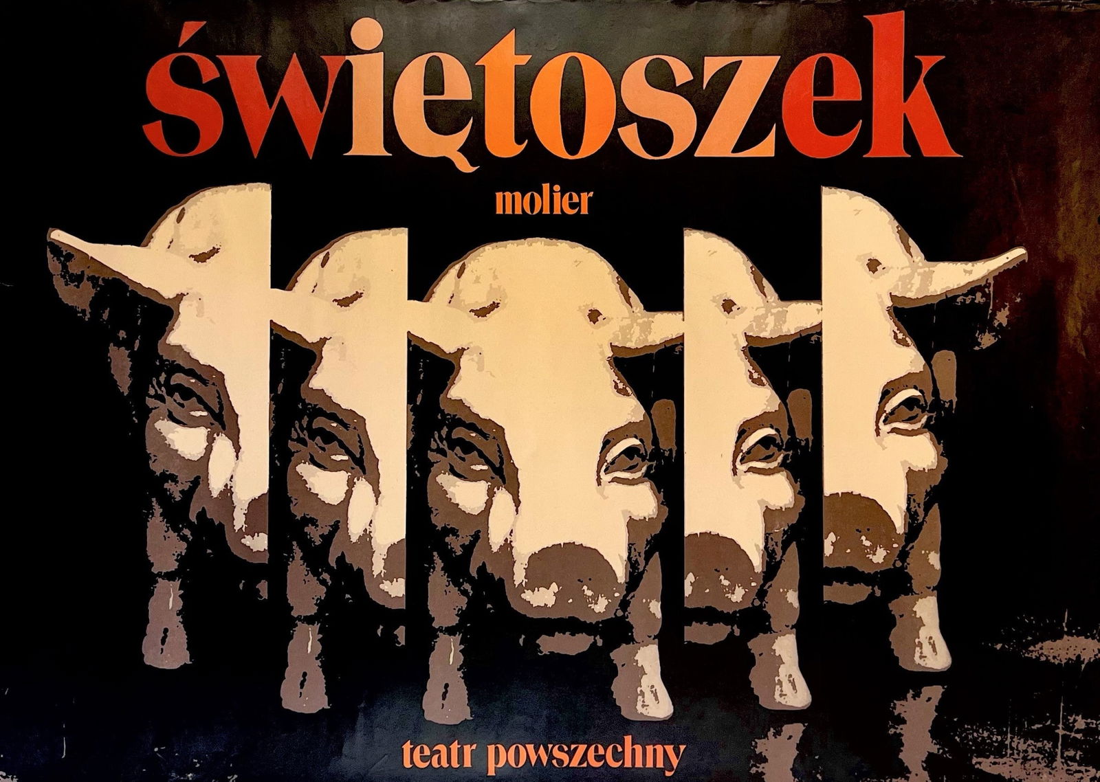 Swietoszek Pigs- Polish Theatre: Striking 1980s Polish theatre poster designed by acclaimed artist Andrezj Pagowski, featuring a split-screen graphic of haunting hogs to advertise the play "Swietoszek" at the Powszsechny Theatre in W