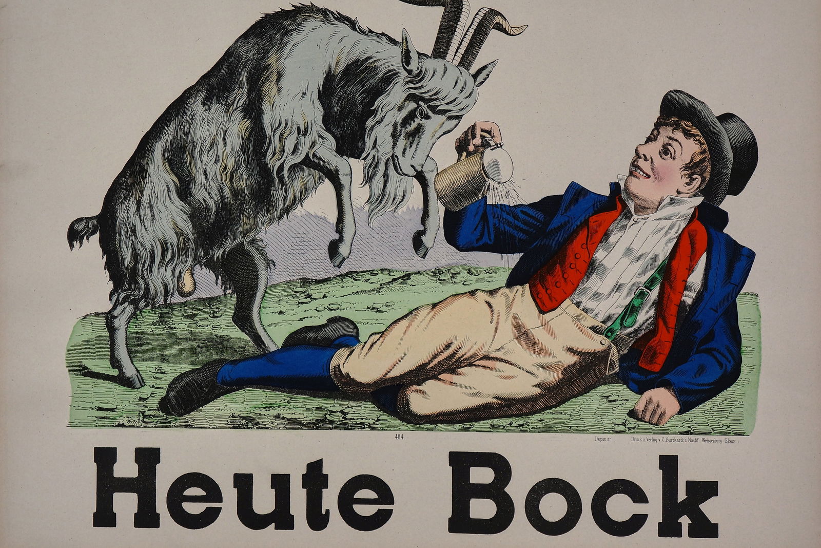 Wissembourg- Heute Bock No. 404: This vintage stone lithograph poster features a whimsical scene of a goat and beer, part of a series produced by the C. Burckardt printing company in Wissembourg, France or Germany, circa 1890. The ch