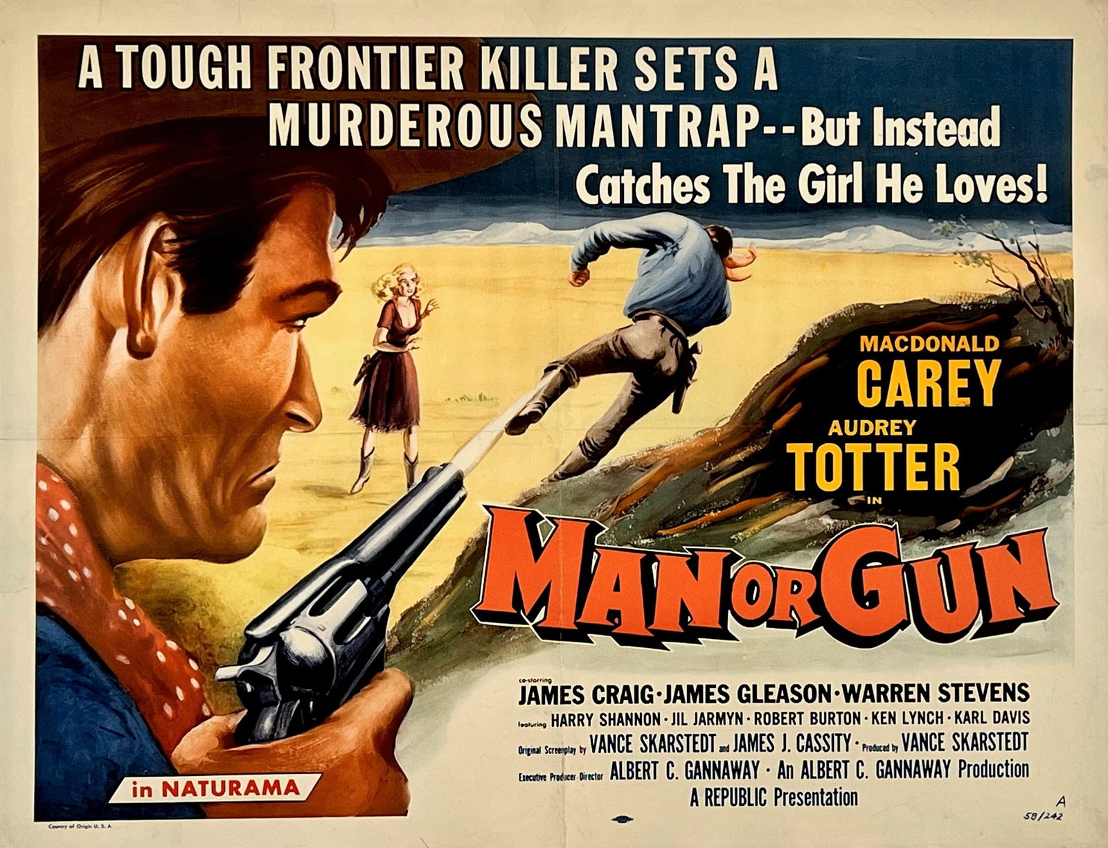Man or Gun: Vintage poster for the 1958 Western film "Man or Gun" from Republic Pictures. Striking artwork and high-stakes tagline capture the gritty thrills of the Old West. Features stars Macdonald Carey and