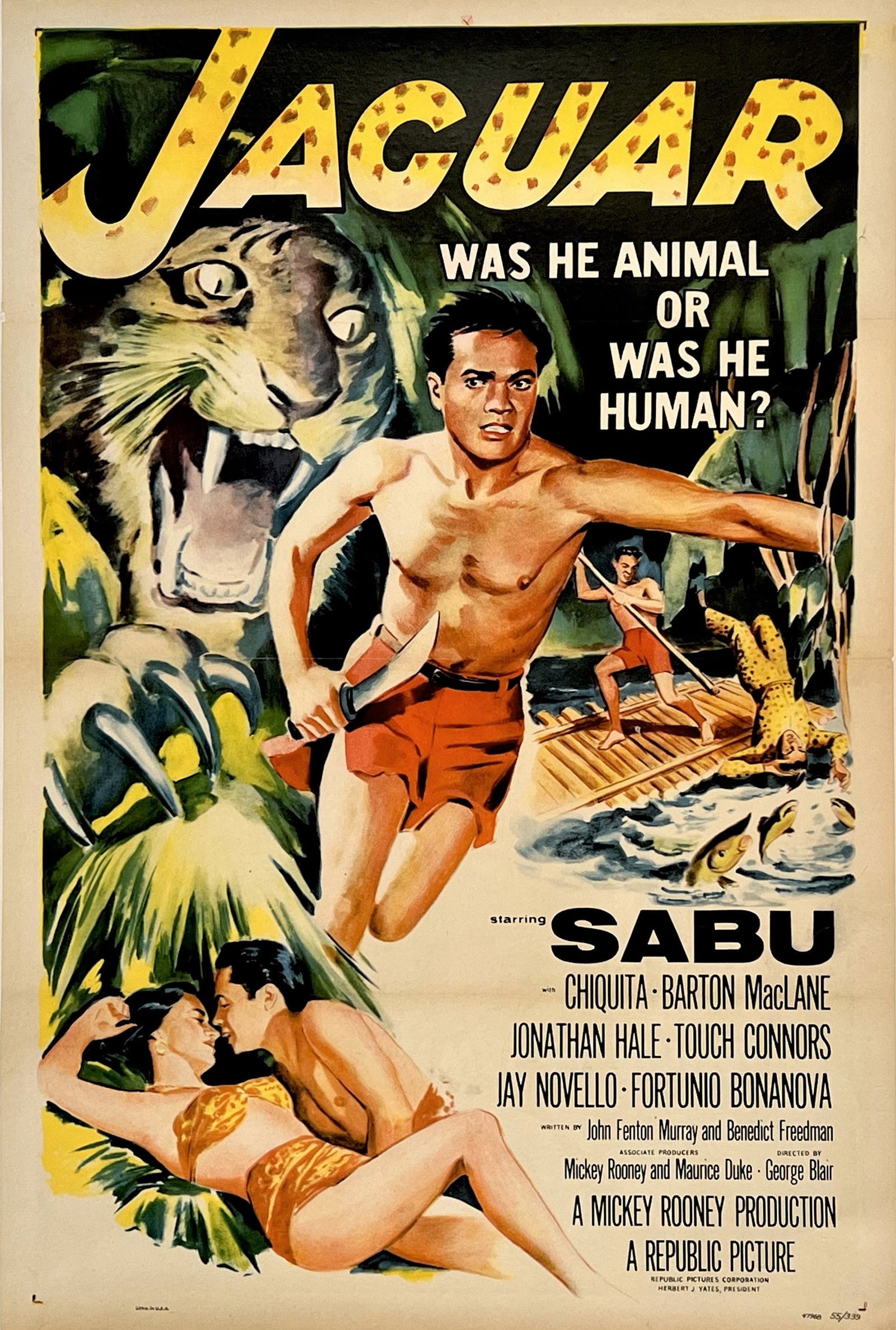 Jaguar: This vintage movie poster for "Jaguar" dates to the mid-1950s, featuring vibrant artwork depicting a fierce jaguar and the adventurous hero Sabu. The bold, dynamic design captures the excitement of