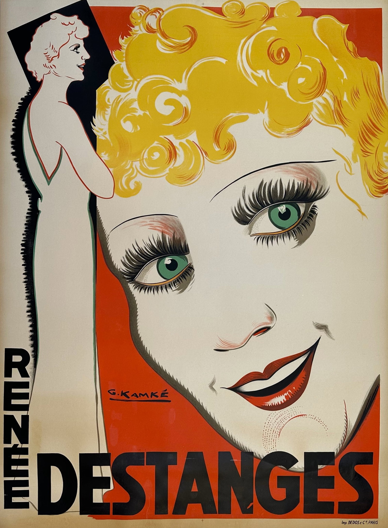Renee Destanges: Captivating vintage opera poster featuring the renowned performer Renee Destanges, a luminary of opera comique in the 1920s and 1930s. Masterfully rendered by artist G. Kamke, the poster showcases