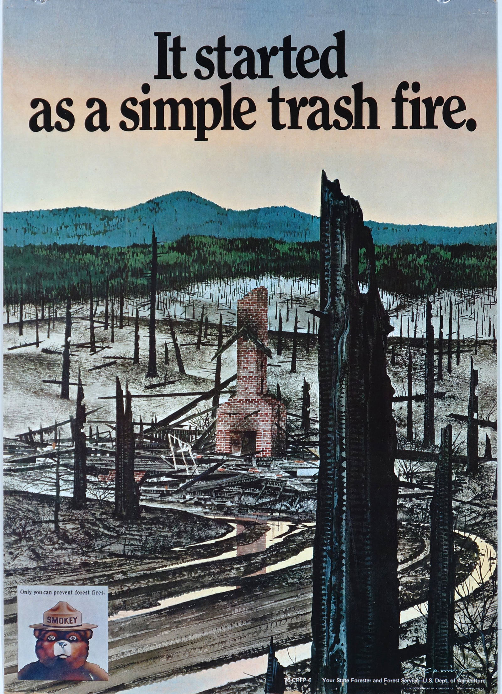 Trash Fire- U.S. Forest Service: Vintage poster/print depicting Smokey Bear, the iconic American wildfire prevention symbol. Created for the U.S. Forest Service's Wildfire Prevention Campaign in the late 1960s. Showcases Smokey