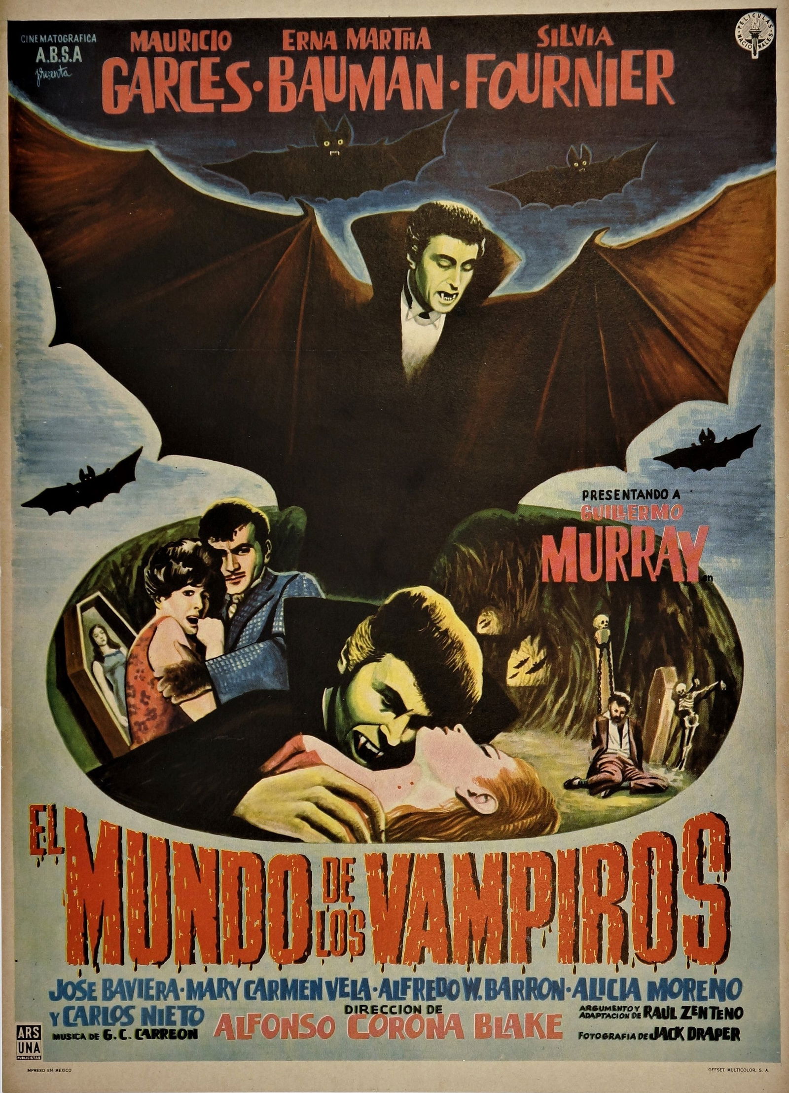 El Mundo De Los Vampiros: Vintage 1960s Mexican horror film poster, "El Mundo de los Vampiros" (The World of Vampires), directed by Alfonso Corona Blake. Bold, stylized bat artwork showcases the dramatic struggle between a