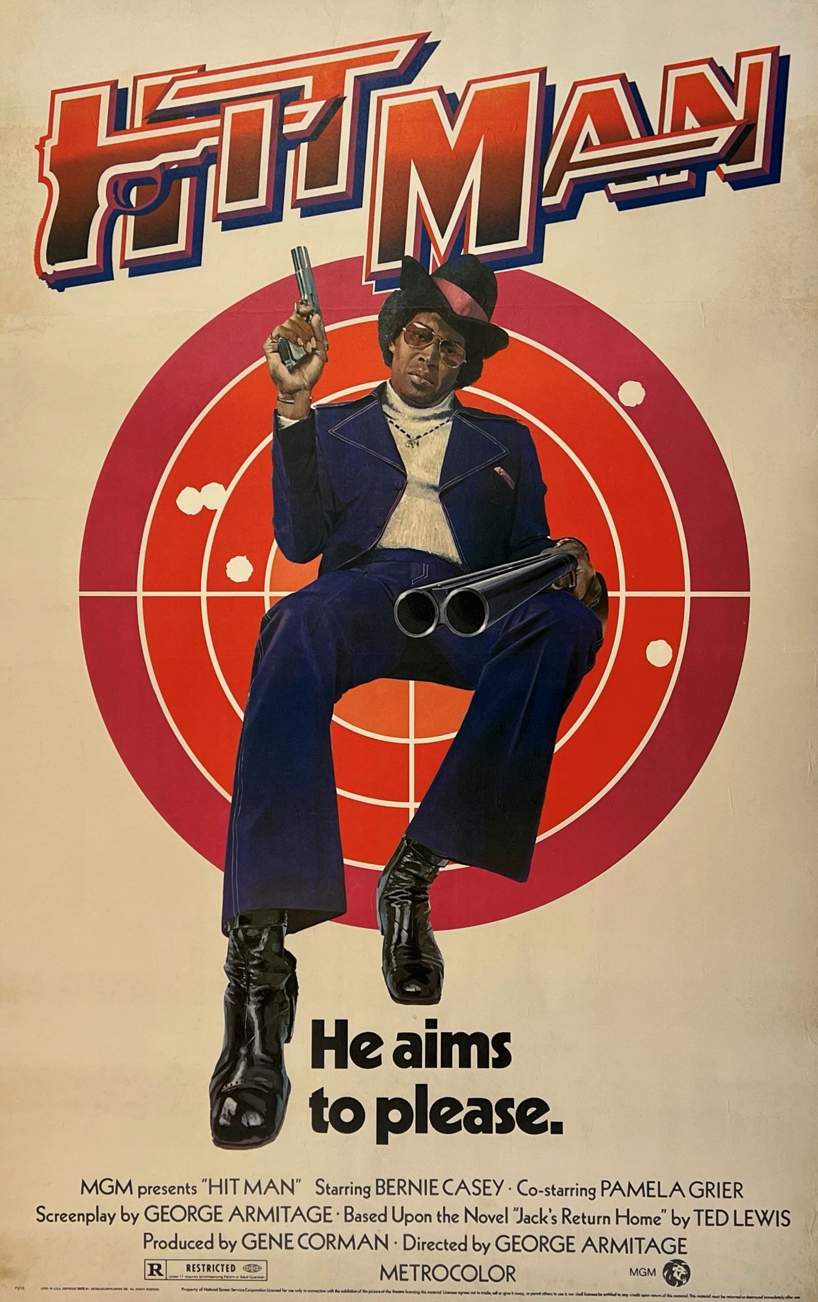 Hit Man- XL: Vintage 1970s movie poster for the crime thriller "Hit Man," directed by George Amitage. The striking red and white artwork features the protagonist with a gun pointed at the viewer, creating a bold