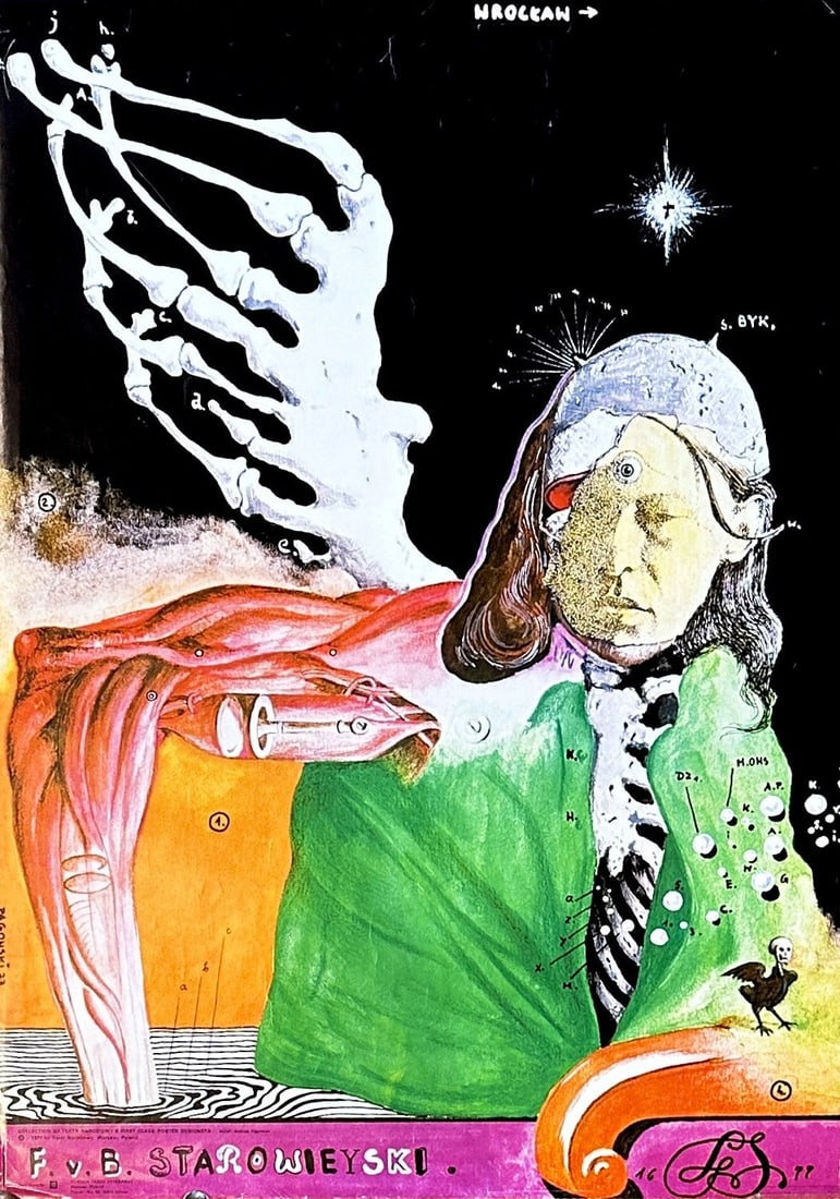 Starowieyski by Pagowski- Polish Exhibition: This vintage Polish exhibition poster was designed by Andrzej Pagowski as a tribute to the iconic artist Franciszek Starowieyski. Pagowski's composition incorporates Starowieyski's signature motifs, s