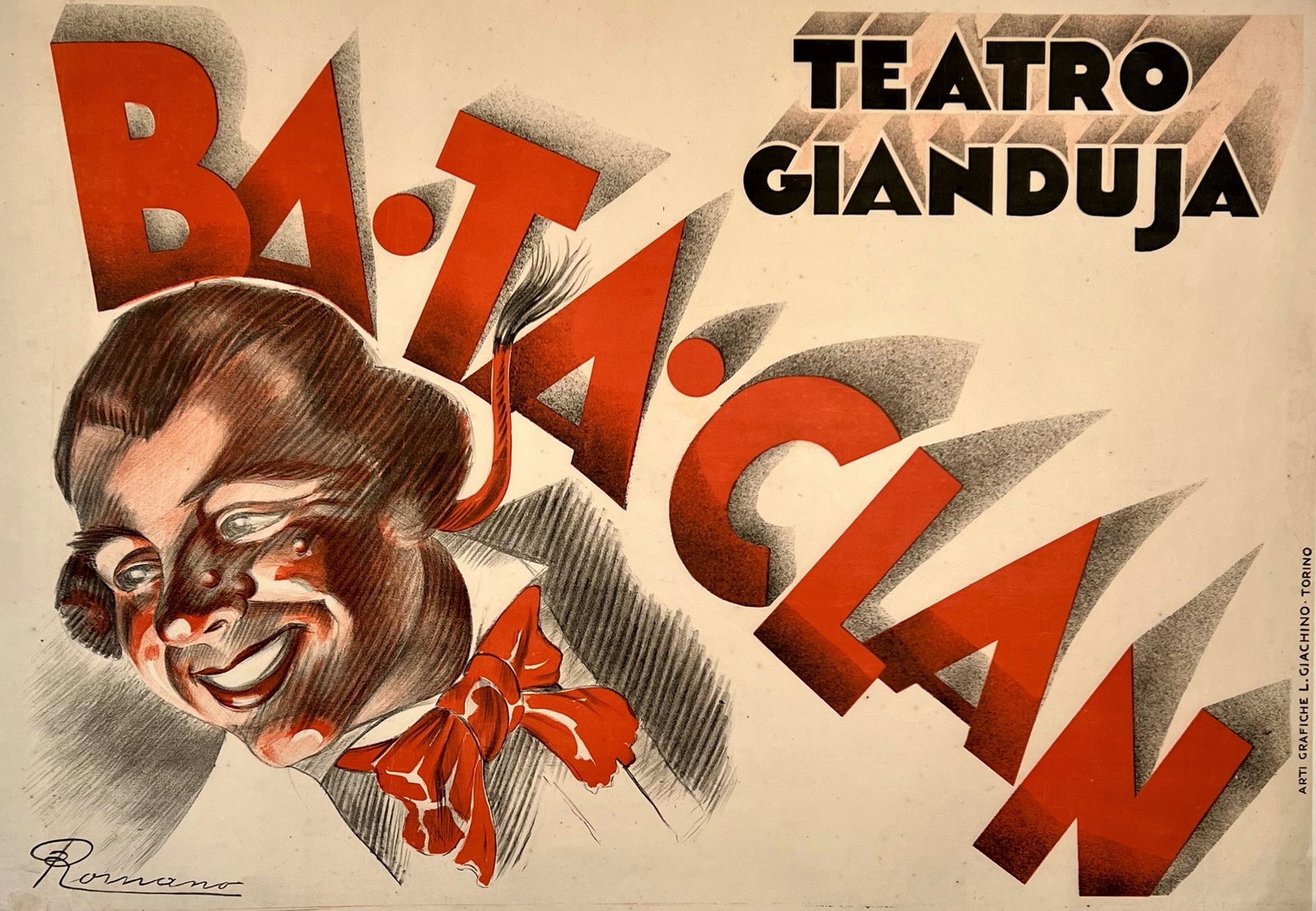Bataclan- Teatro Gianduja: Vintage Italian circus poster for a show at the Teatro Gianduja in Turin, inspired by the iconic Parisian theater Ba-Ta-Clan. Designed in the 1950s by Italian artist Romano, this rare print features