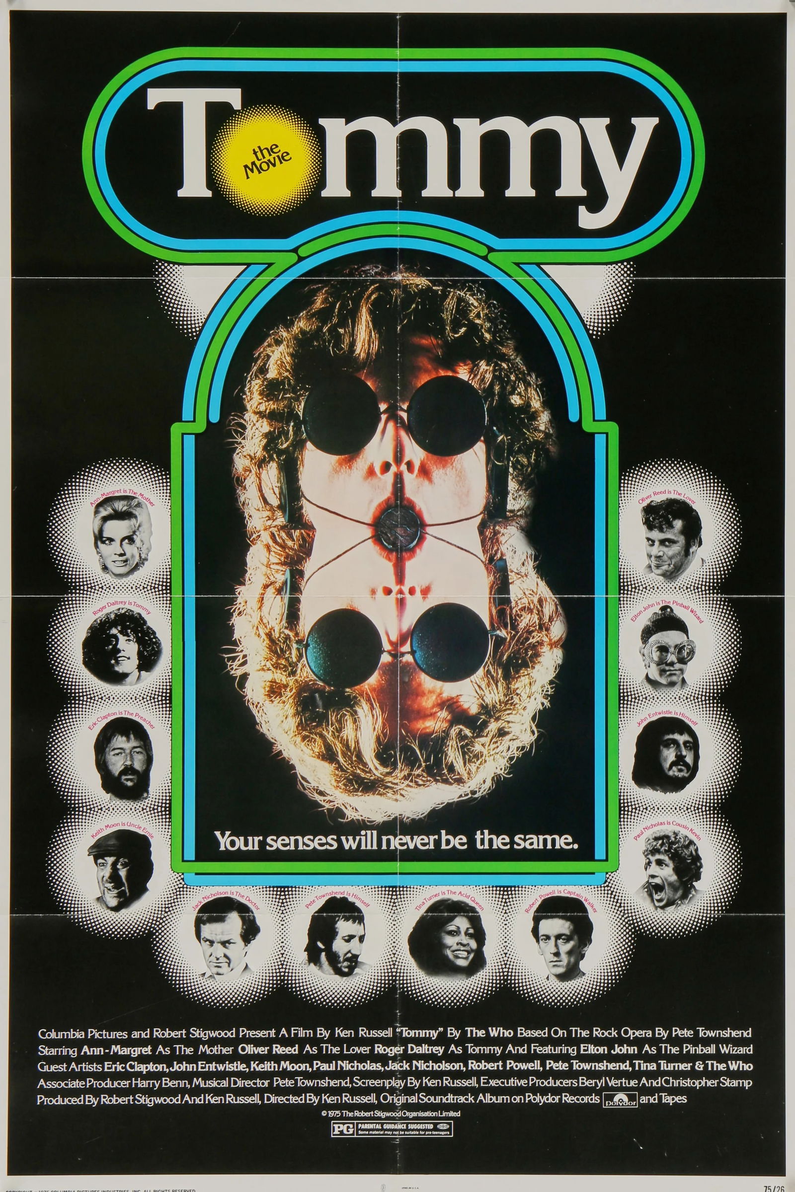 Tommy: This striking original one-sheet for the 1975 film adaptation of The Who's rock opera Tommy captures the surrealist themes of the narrative. The haunting central image featuring Roger Daltrey's face