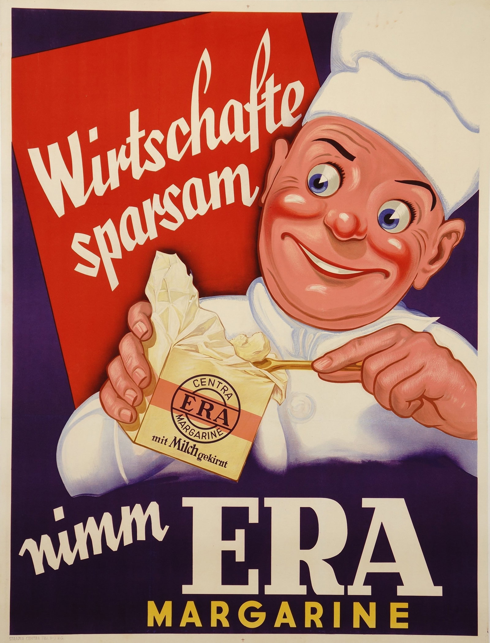 Era Margarine: This vintage Swiss poster from the mid-1930s features an eye-catching graphic design advertising Era Margarine. The image depicts a chef showcasing the dairy product, which is presented in a vibrant