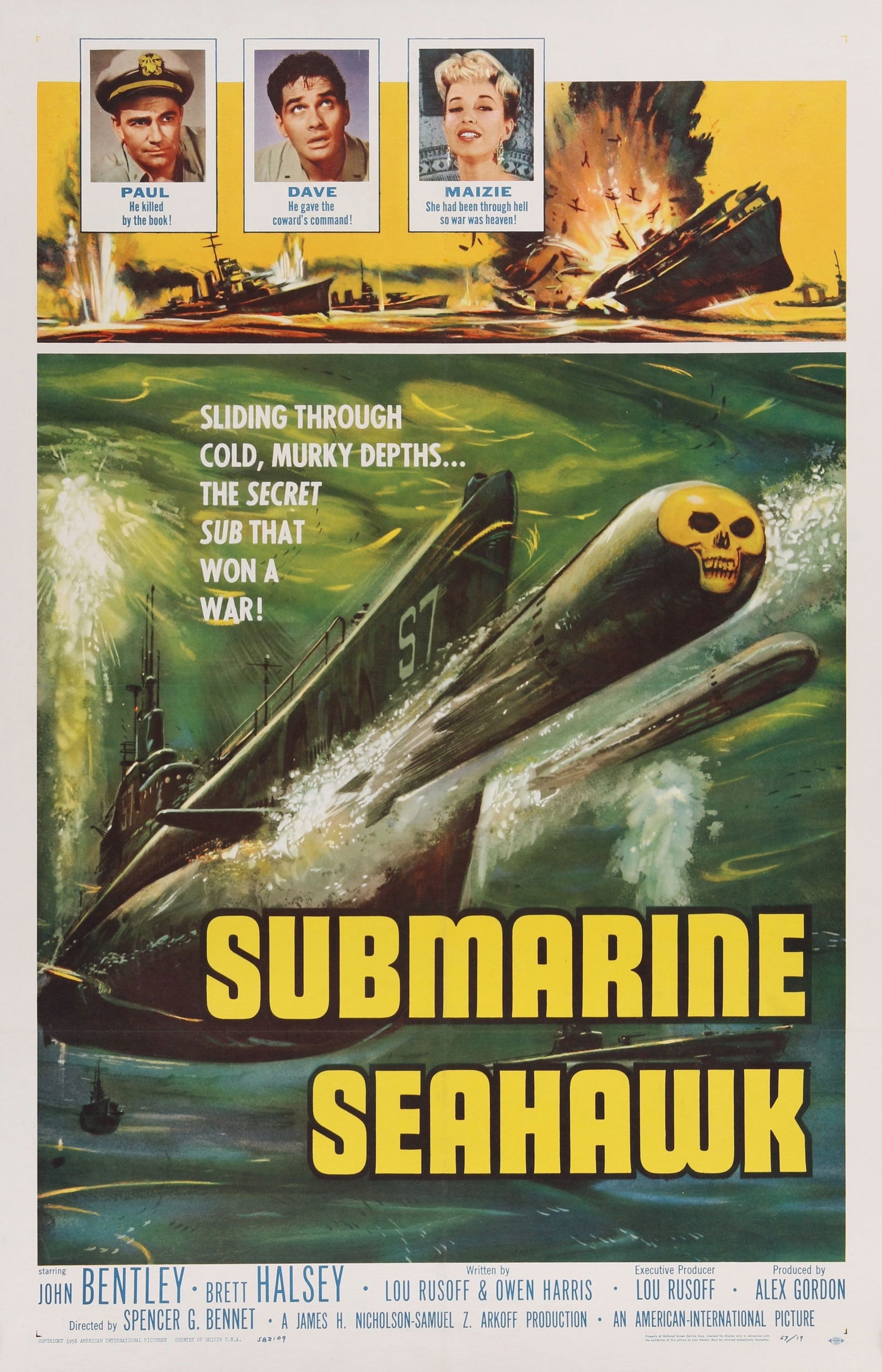 Submarine Seahawk: Vintage 1959 movie poster for "Submarine Seahawk," an American International Pictures (AIP) production directed by Spencer Gordon Bennet. The captivating central art depicts a menacing submarine