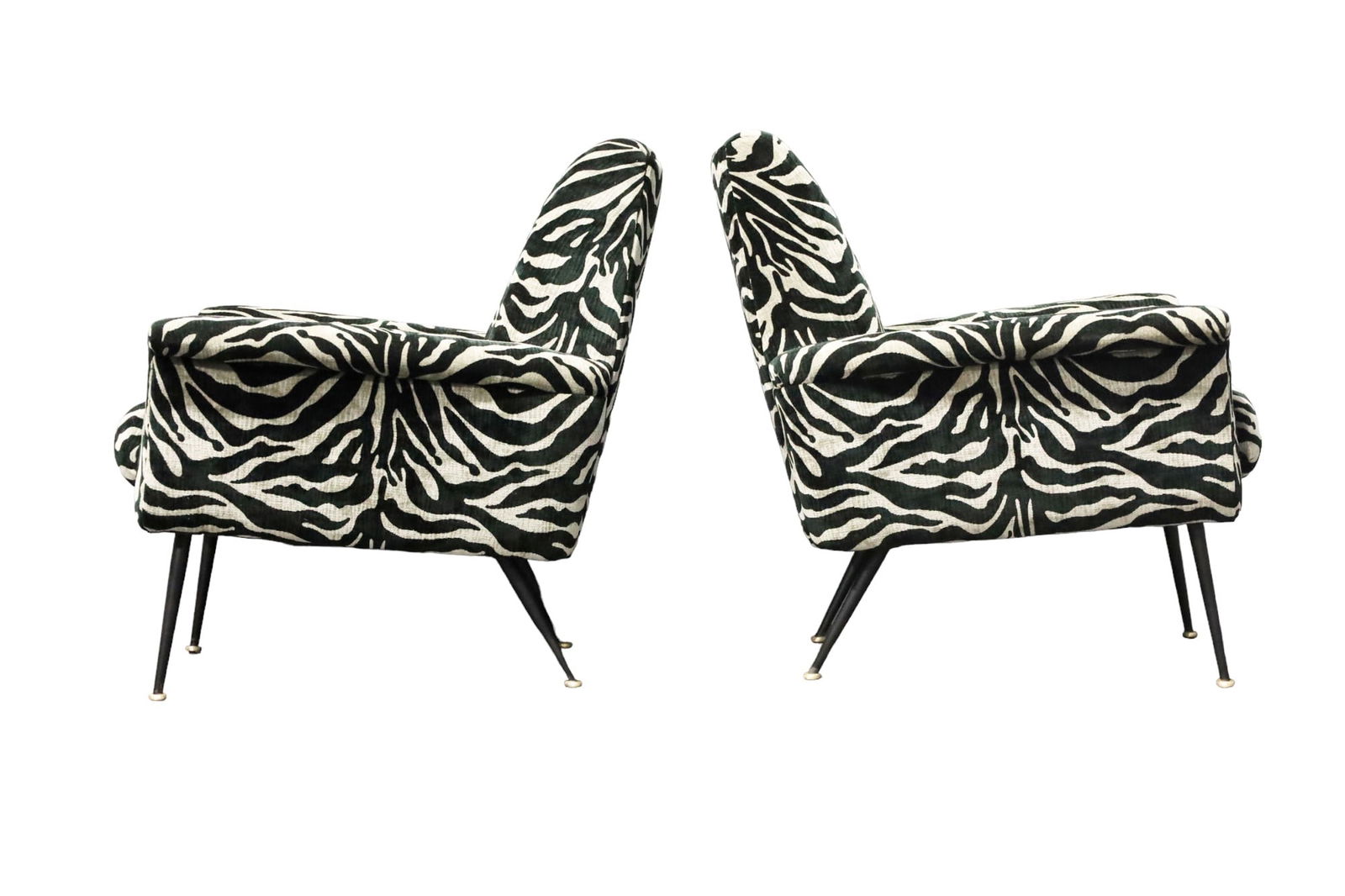 Pair of French Lounge Chairs in New Upholstery: Featuring a luxurious black/gray animal print velvet/chenille upholstery, these chairs add a touch of sophistication and high drama to any room. Complemented by impeccably refinished metal legs with b