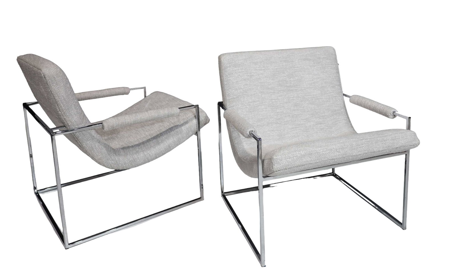 Milo Baughman Scoop Chairs in Holly Hunt Performance Fabric: Newly upholstered in a Holly Hunt performance weave, these chairs combine timeless mid-century modern design with unmatched durability. Crafted for both style and comfort, their elegant lines and prem