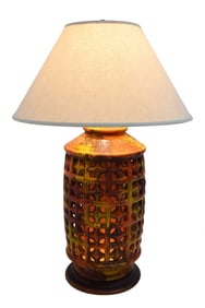 Mid-Century Modern Large Pierced Ceramic Lamp in Ochre, Paprika, and Caramels