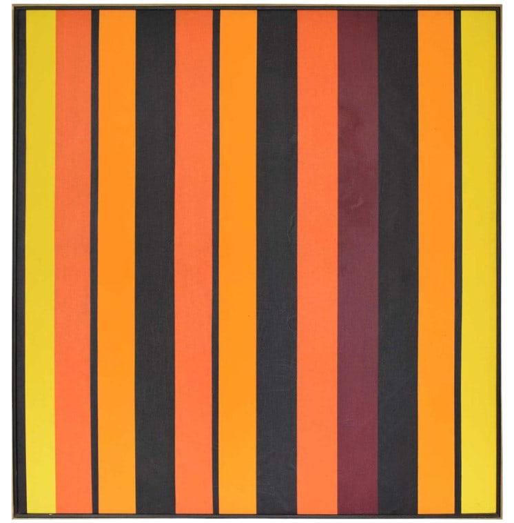 Erik Pitsokos (American, 1924-): Multicolor Vertical Stripes Abstract Geometric Modern Color Field Oil Painting. The painting (similar to the work of Gene Davis and other Washington Color School artists), was proudly displayed in the