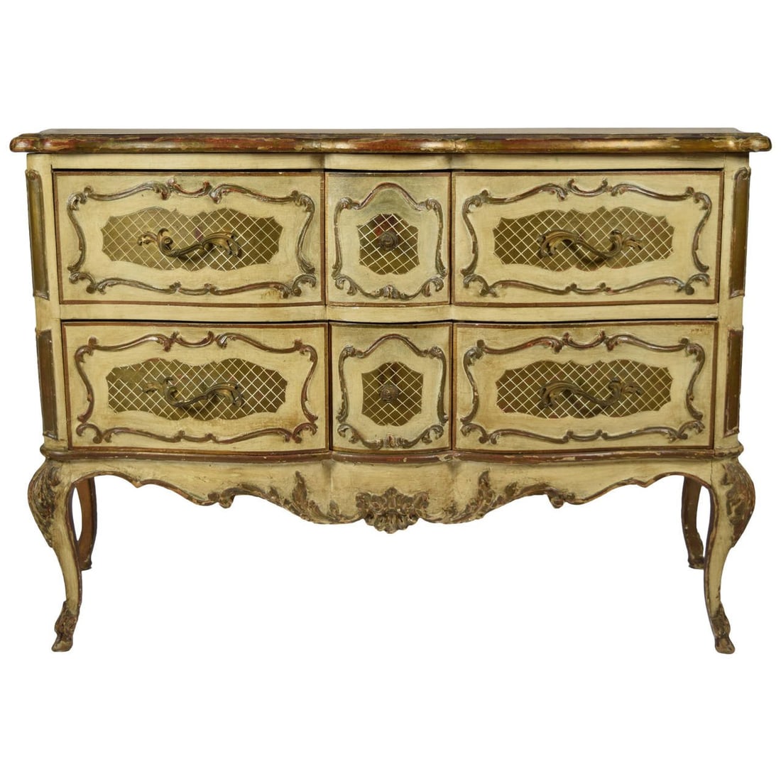 Italian Rococo Style Painted Commode: Six drawer antique Italian Rococo style painted commode. Interior has silk lining. Structurally sound. Paint has a nice patina.