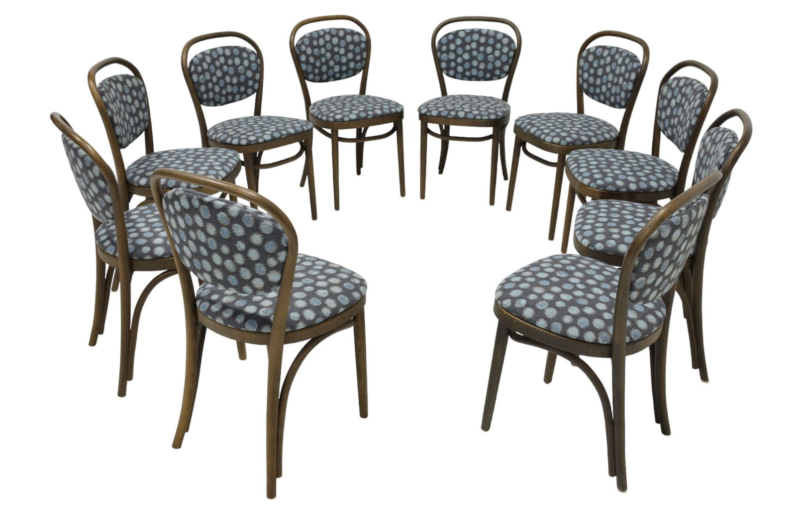 Thonet Dining Chairs, Set of Ten, Perennials Performance Fabric, 1980s: Set of 10 Thonet bentwood dining chairs from the 1980s. These chairs feature great lines, padded seats and backs, and have been meticulously reupholstered in durable Perennials Performance fabric, sho