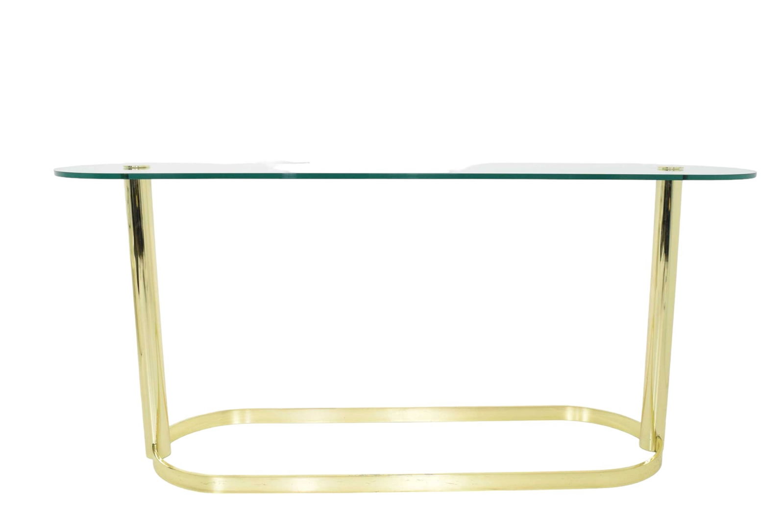 Pace Collection Console: This elegant console in a brass finish and glass top by Pace is meticulously crafted, embodying both form and function. Its shiny brass finish complements any setting, adding a touch of timeless elega