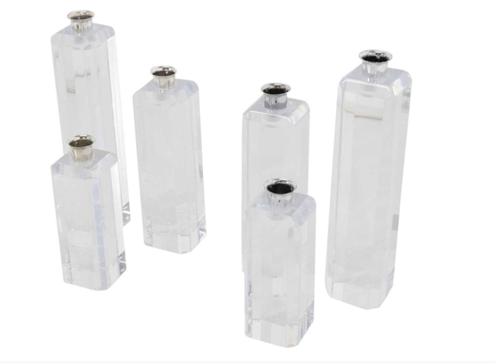 Set of Six Lucite Candlesticks, Charles Hollis Jones Attributed: These are lucite with silver metal tips to hold candles. Thick lucite. Charles Hollis Jones or Karl Springer style. All are 2.25 square, smallest is 6.38", medium is 8.38" and tallest is 10.38"