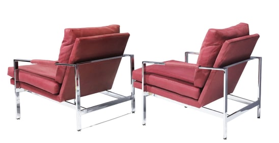 Milo Baughman Chrome Frame Lounge Chairs in Dusty Rose Faux Suede/Leather