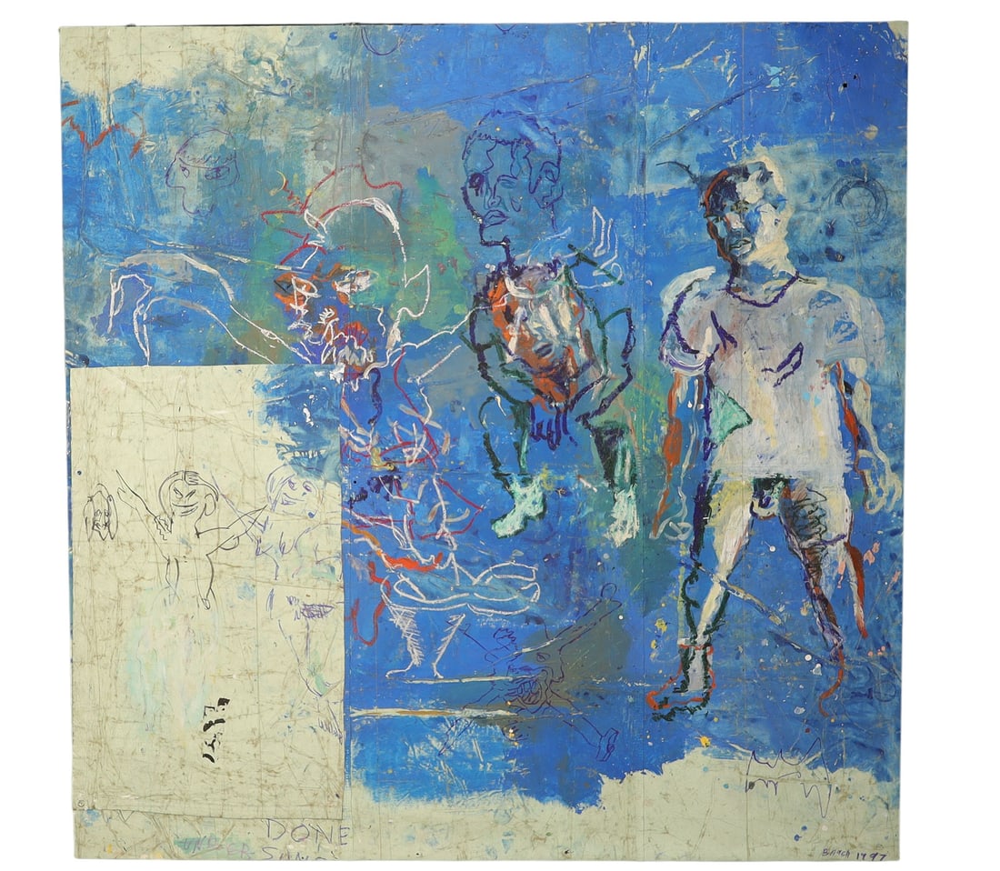 Monumental Josh Bayer Original Oil Painting on Canvas, "Done Sunset" 1997: From Bayer's website: Josh Bayer lives in Harlem and has worked as a Graphic Novelist, Fine Artist and Illustrator for twenty years. Josh is the editor of the anthology Suspect Device and the author o