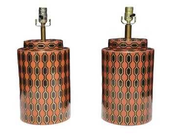 Kelly Hoppen Porcelain Tea Jar Lamps in Orange, Gold and Brown Geometric Pattern