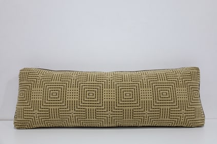Long Brown/Tan Pillow in Textured Fabric with Leather Piping