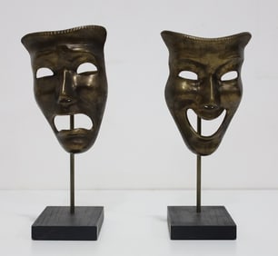 Pair of Theatre Happy/Sad Faces in Metal on Stands