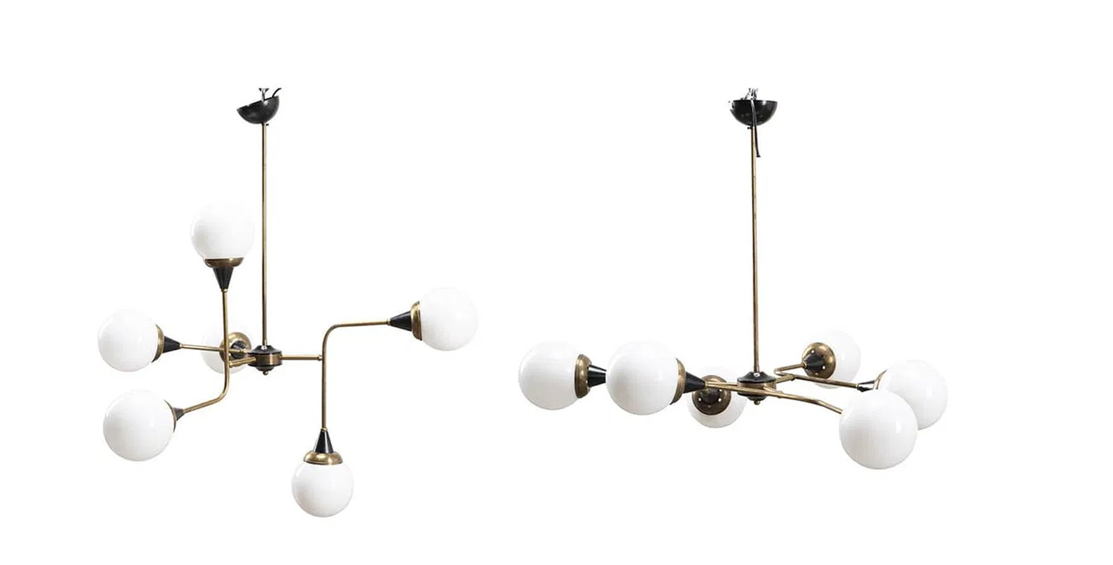 Pair of Stilnovo Style Chandeliers: Pair of modern brass Stilnovo style six light chandeliers, having brass armatures with black accents and milk glass globes, apparently unmarked. Approximate dimensions: a. Including ceiling canopy, h.