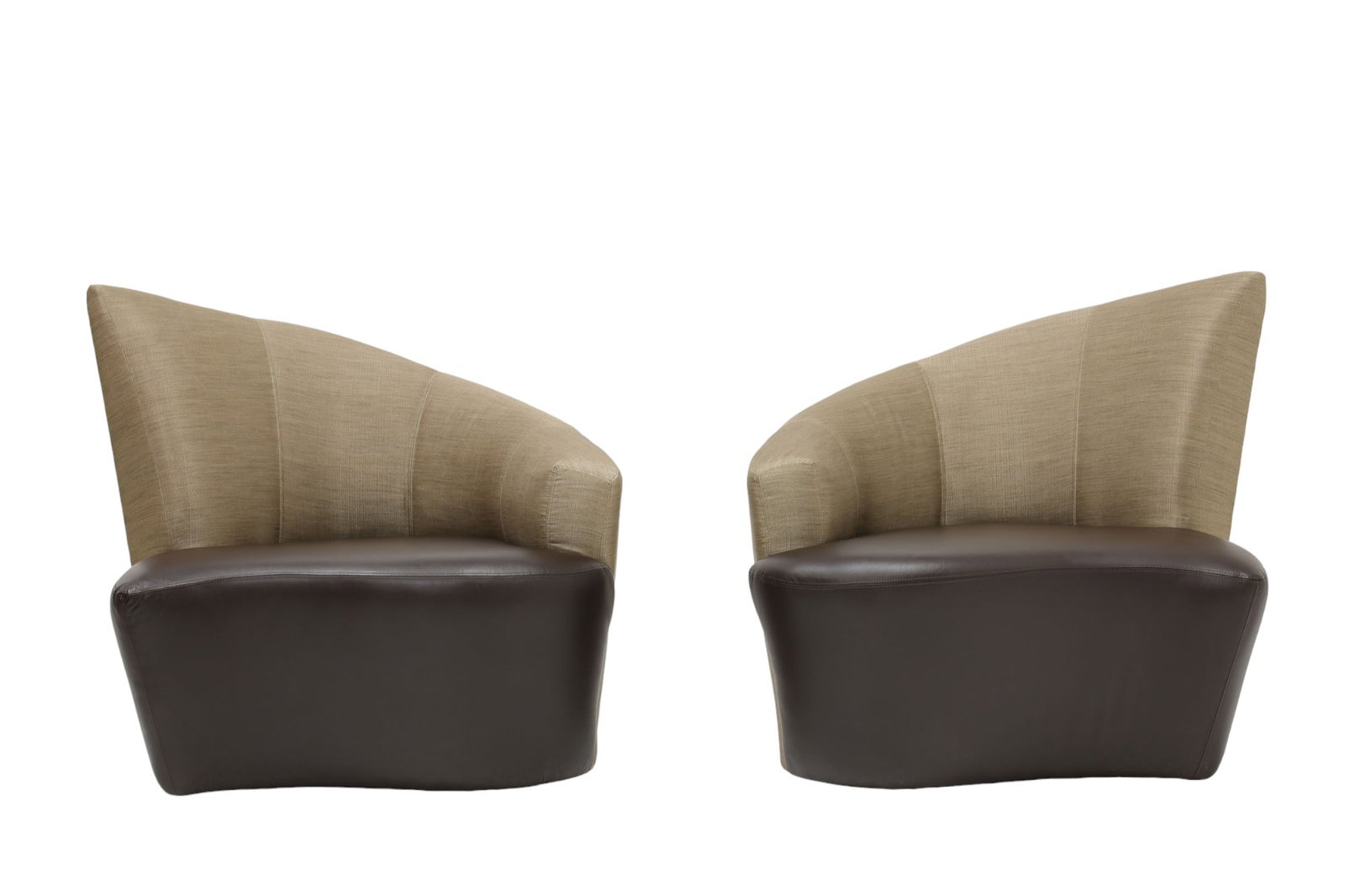 Vladimir Kagan Swivel Bilboa Chairs in Silk and Leather: A Post Modern pair of Vladimir Kagan Bilbao swivel chairs upholstered in silk and leather circa 1990s. Enamored with Bilbao, Spain, the Bilbao chair is a manifestation of Vladimir Kagan's impressions