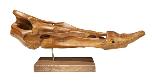 Organic Modern Wood Sculpture on Metal Stand, Signed Dominguez, dtd. 1980