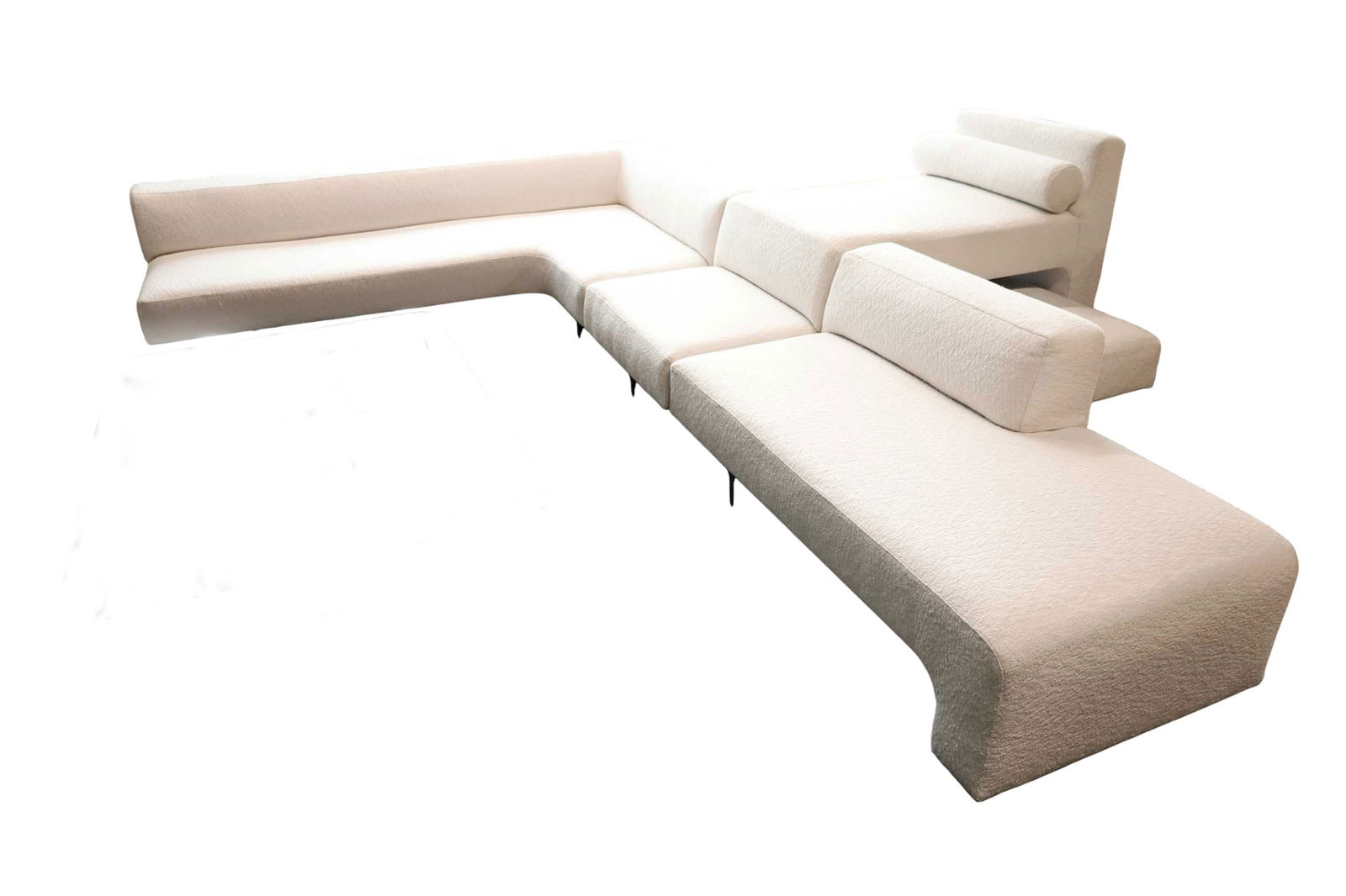 Vladimir Kagan Omnibus Sofa in Holly Hunt Great Outdoors White Boucle': Original Omnibus manufactured by Kagan workroom. Sofa features four parts as follows: Sofa/chaise -26"H x 61"W x 33"D x16"SHSofa/chaise - 26"H x 66.5"W x 55"D x 16"SHPerch/chaise - 37"H x 72.5"D x 33"