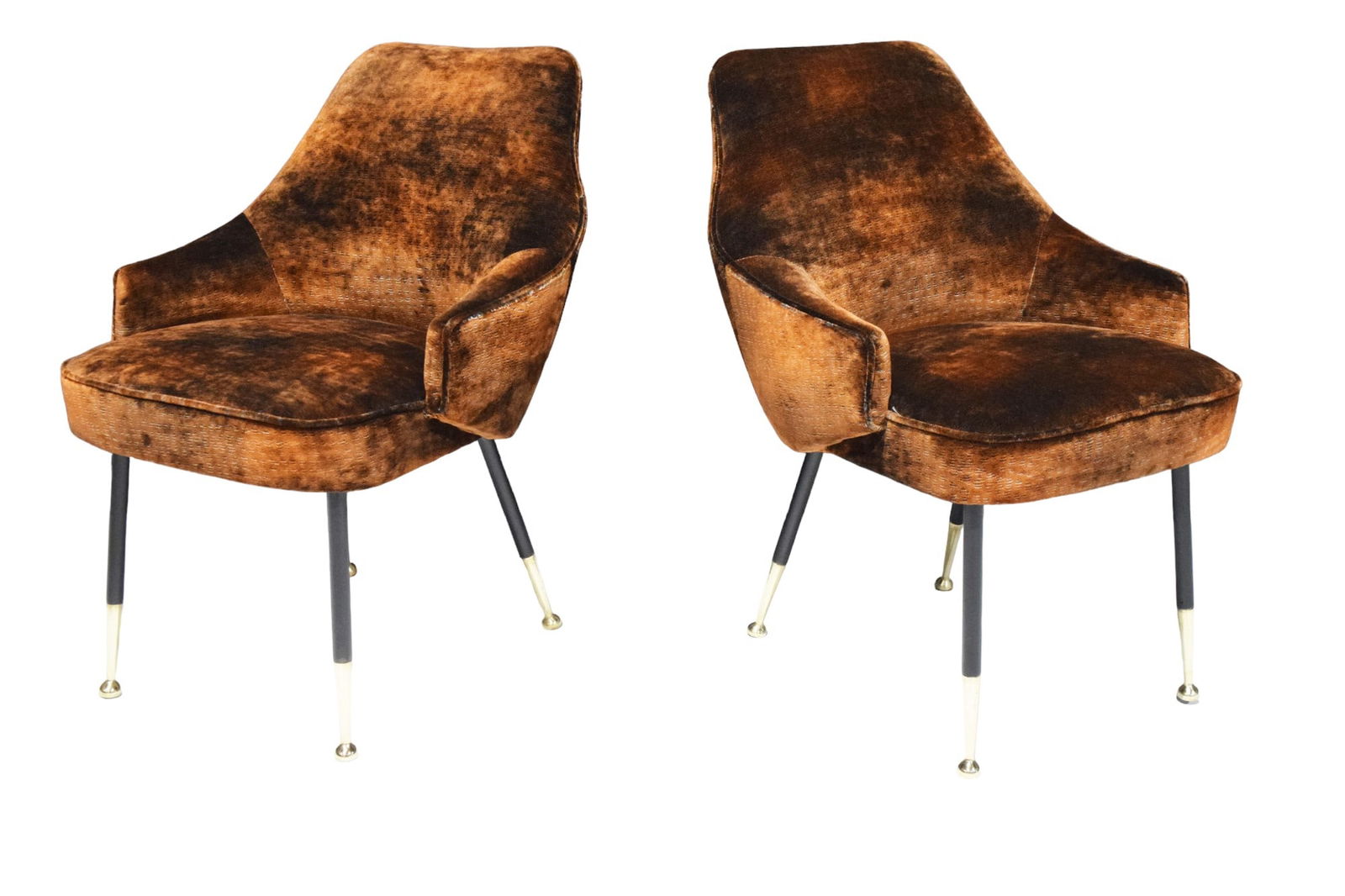 Italian Arm Chairs, 1950s, in Parisien Velvet with Brass Tipped Legs: Exquisite Italian Arm Chairs from the 1950s, newly upholstered in a high-quality Parisien velvet from Casamance. The sumptuous velvet complements the sleek sophistication of brass-tipped legs, creatin