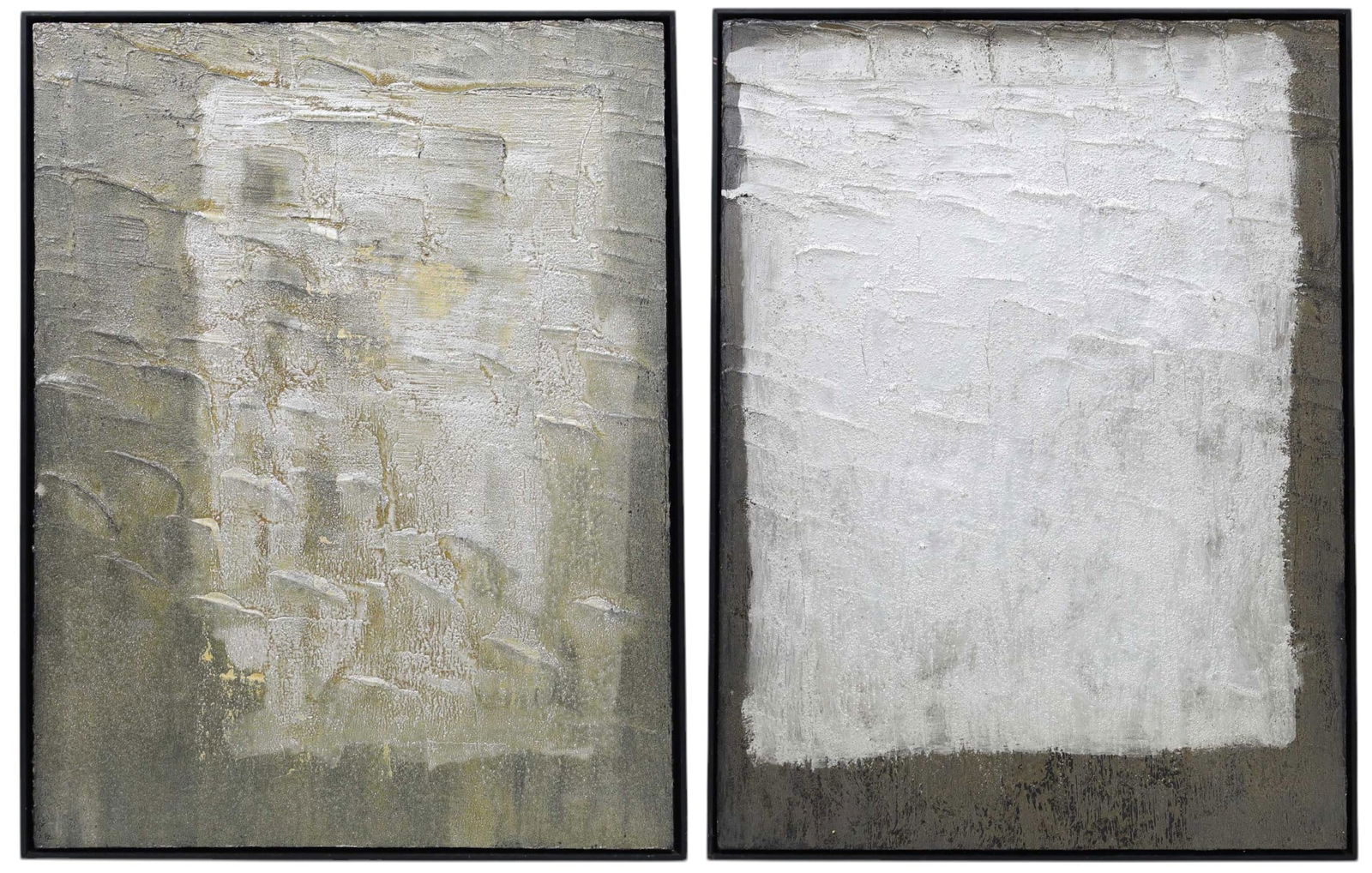 Renato Freitas Diptych Silver 1 and Silver 2, Framed Art: Each work is framed in a black wood frame. Renato Freitas was born in Brazil and now works in Miami. His work is held in important collections throughout the USA, Saudi Arabia, France, Kuwait and