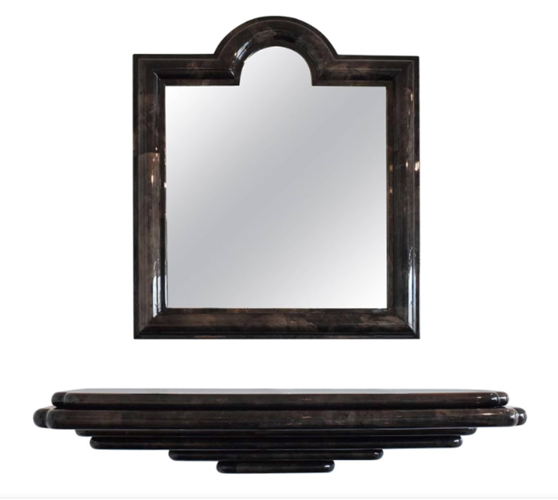 Karl Springer Attributed Goatskin Wall Mount Console and Mirror (1 of 8)