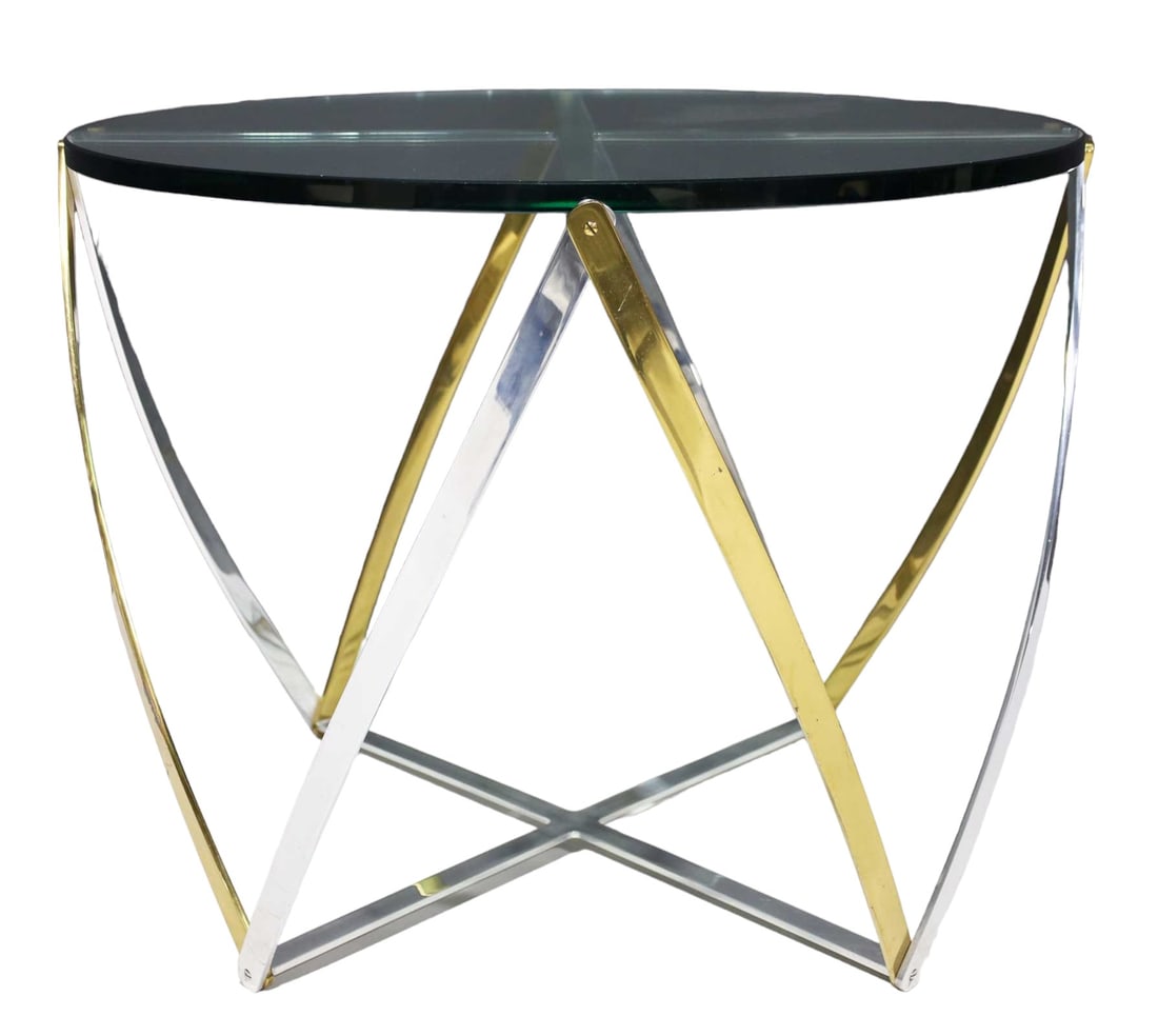 Large John Vesey Brass and Brushed Aluminum Table 1970s, Glass Top: Side table by John Vesey, known for highest quality design. This piece from the 1970s features a glass top that showcases the mixed metals of brass and brushed aluminum.