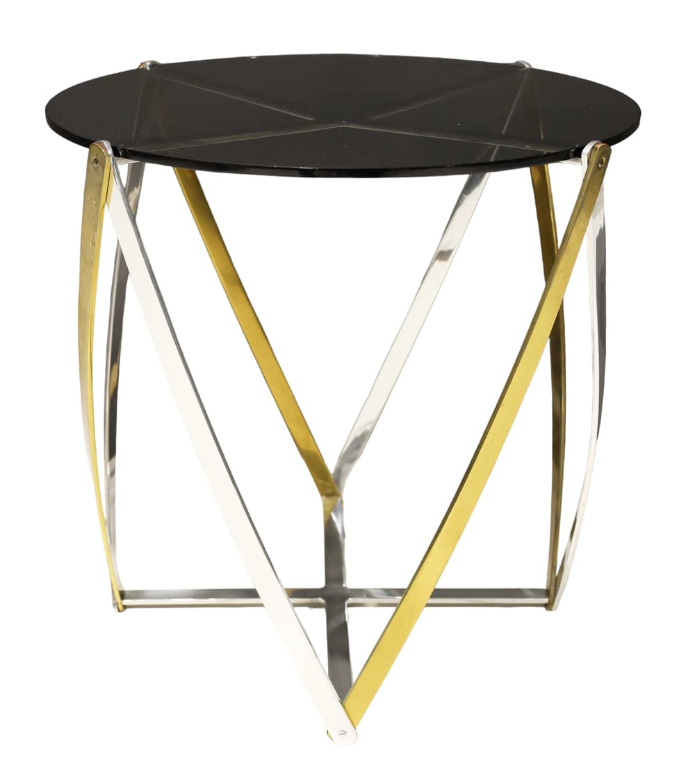 John Vesey Brass and Brushed Aluminum End Table 1970s, Smoked Glass Top: Beautiful side table by John Vesey, known for highest quality design. Mixed metals add interest to the table.