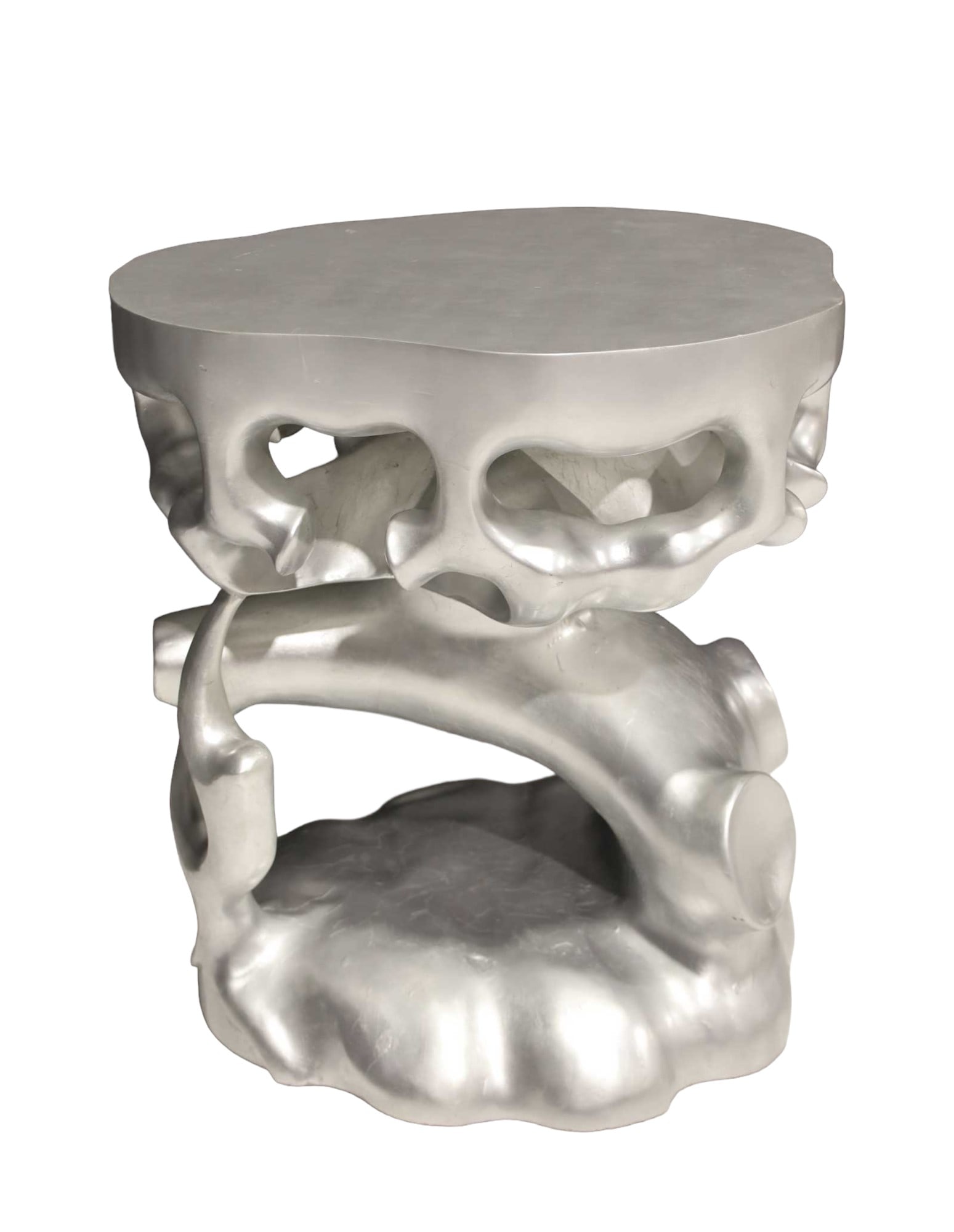Scala Luxury Silver Leaf Truffle Trunk Side Table: Scala Luxury silver leaf truffle trunk side table. Hand carved from solid wood and finished in a lustrous silver leaf, this piece shines with unparalleled craftsmanship. A gloss top coat adds subtle