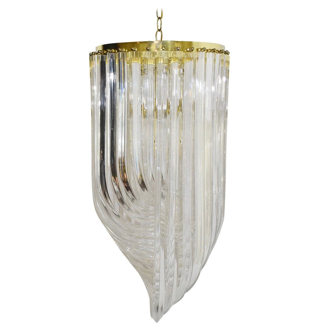 Mid-Century Modern Lucite Loop Chandelier: This beautiful tall chandelier features a brass finished stem and stunning graduating Lucite bands, presenting an iconic statement piece that embodies sophisticated elegance. Completely equipped with