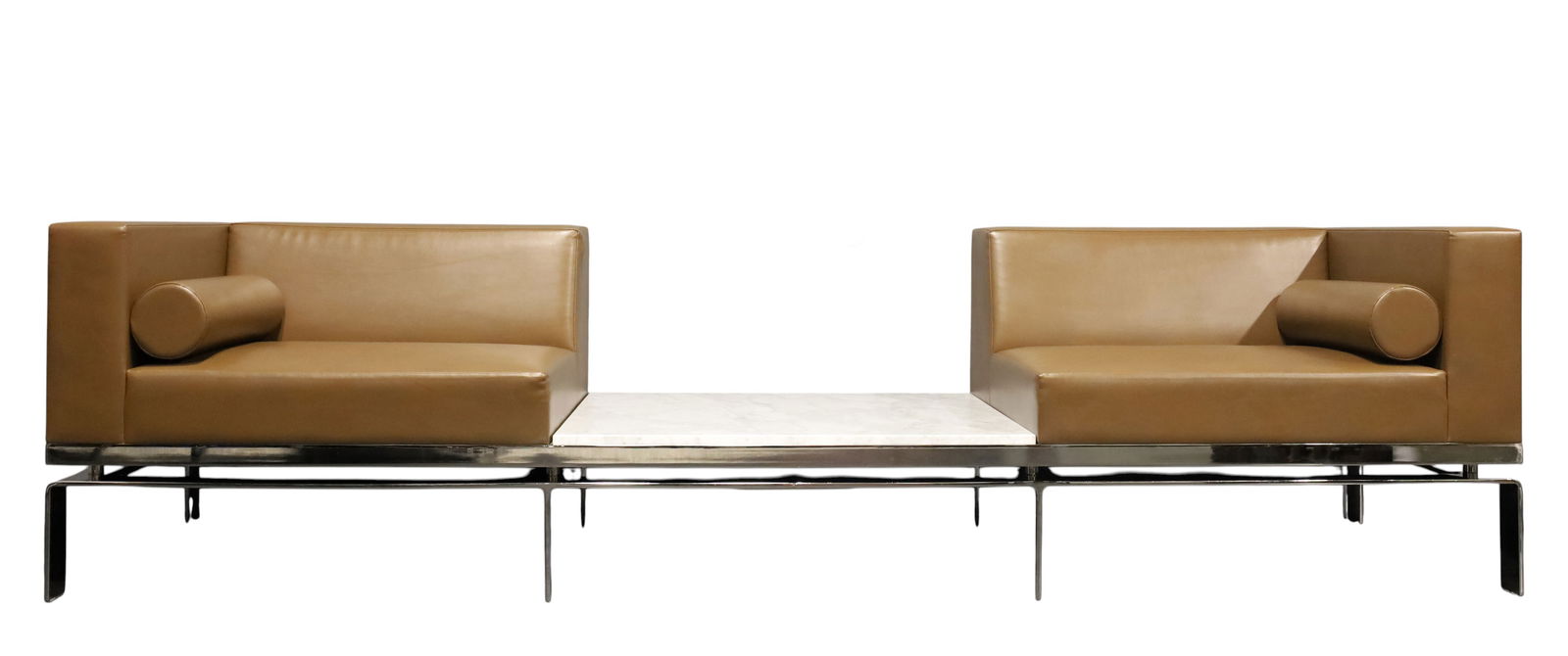 Martin Brattrud Leather Settee with Marble Table: Fabricated in polished stainless steel, this settee exudes exceptional quality, featuring the finest leather seats and a stunning marble table in between. Perfect for enhancing your entryway,