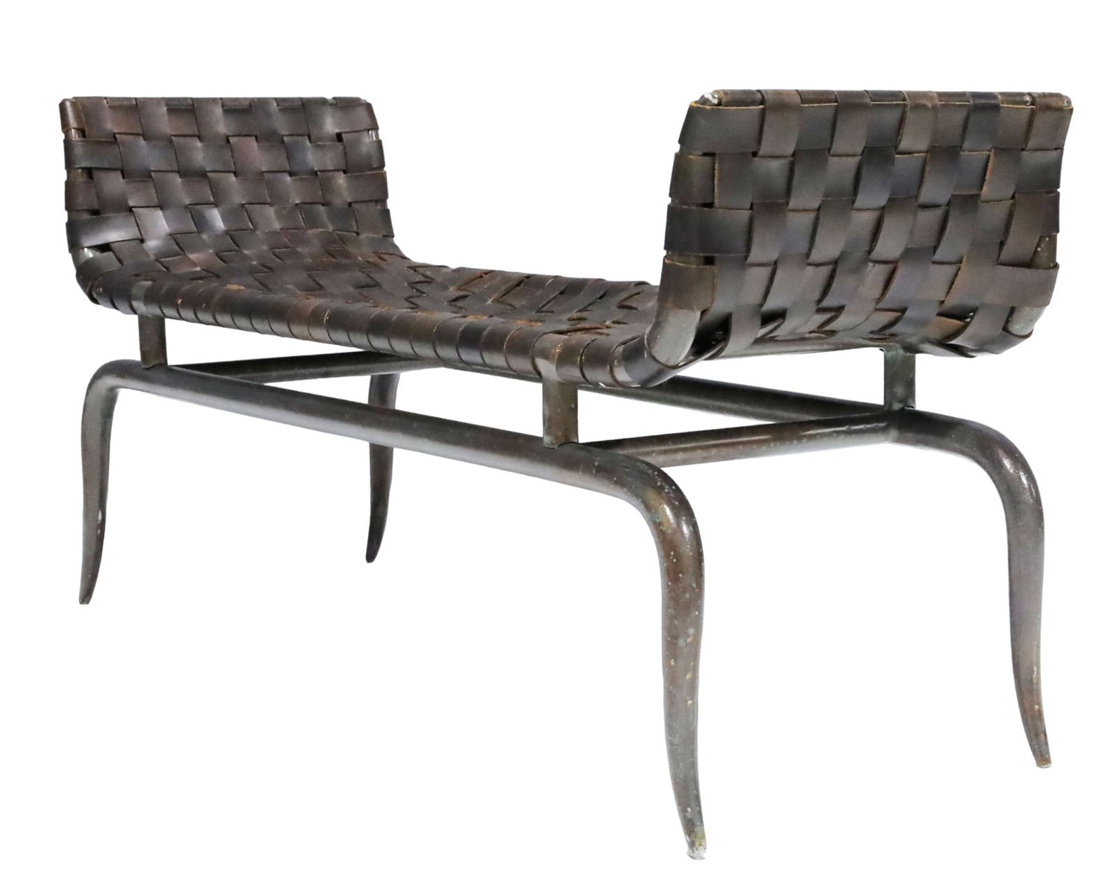 Klismos Style Leg Metal and Woven Leather Bench: Klismos Style Leg Metal and Woven Leather Bench, a very unique style bench with a metal base supported by splayed klismos style legs. Handcrafted with mid-century modern elegance, this bench is uphols