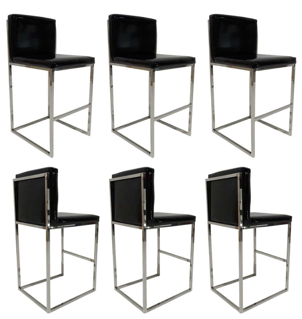 Set of Six Bar Stools in Black Patent Leather with Chrome Frames: Great looking set of six bar stools. Milo Baughman style. Upholstered in black patent leather with quality chromed frames.