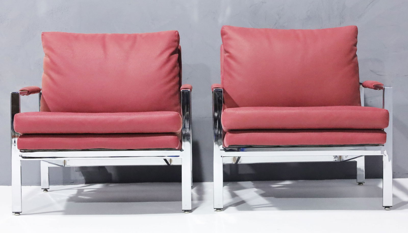Milo Baughman Chrome Frame Lounge Chairs in Dusty Rose Faux Suede/Leather - 2