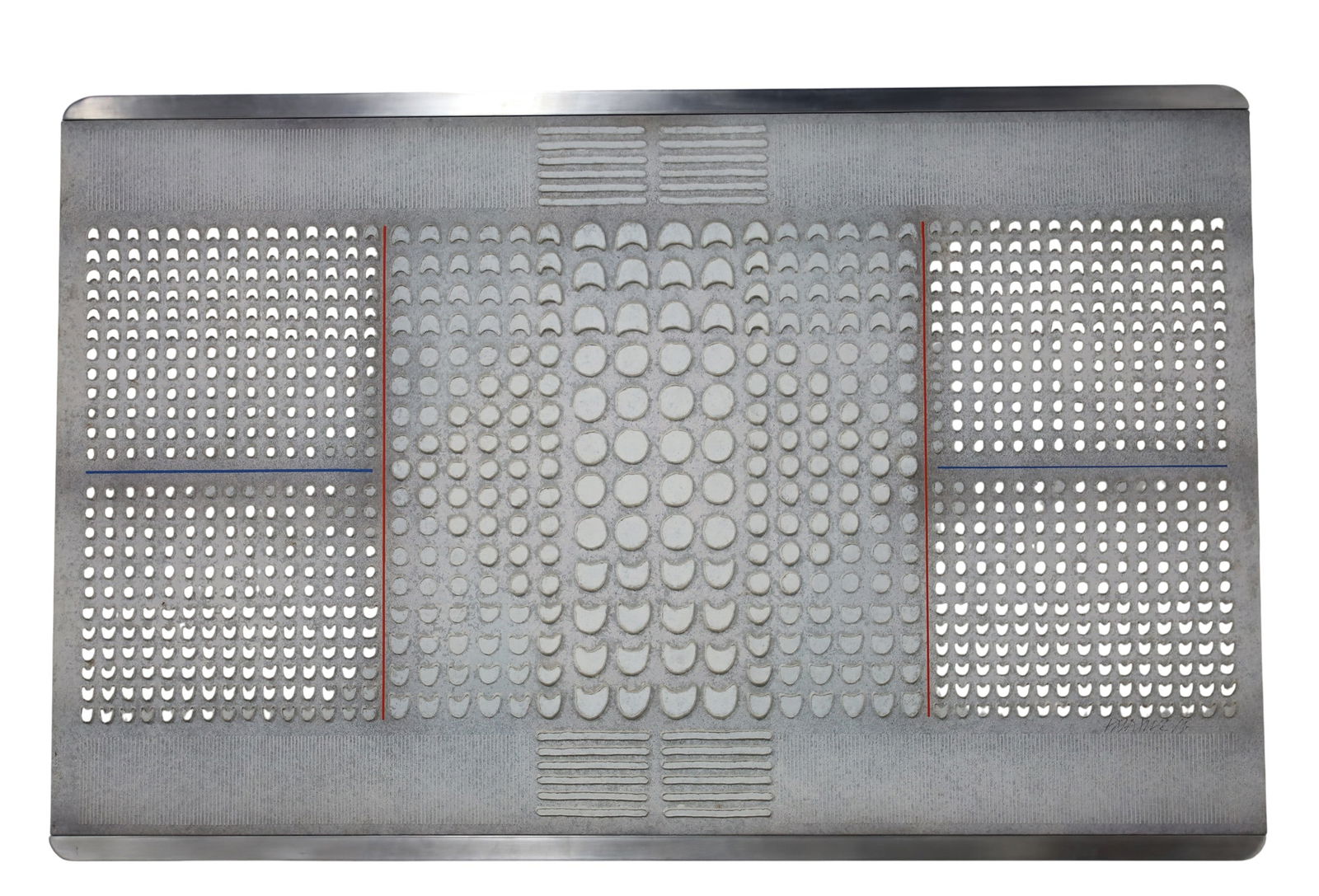 Paul Maxwell Embossed Art: 1990 Original abstract acrylic painting on canvas that is stretched over board with a custom polished aluminum frame by American listed artist Paul Maxwell 1925-2015. Hand sign on the front. On back a